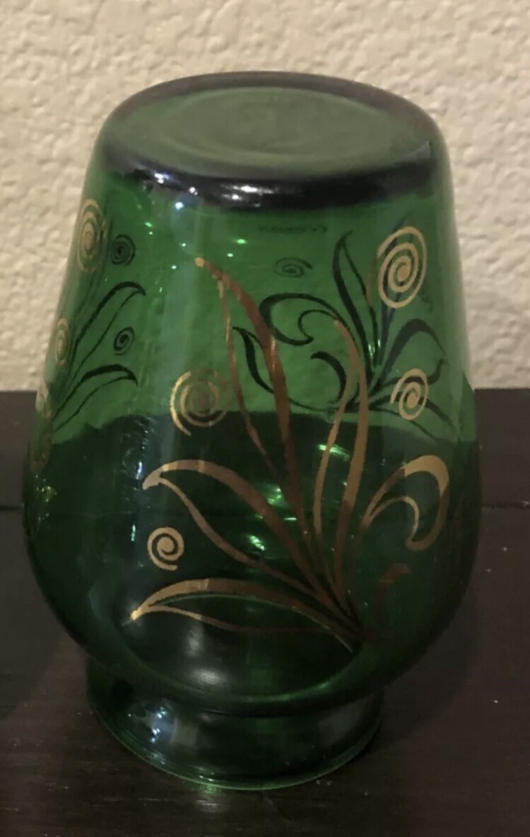 Mid Century Modern Anchor Hocking Green Emerald Glass W/ Gold Inlay Small Vases