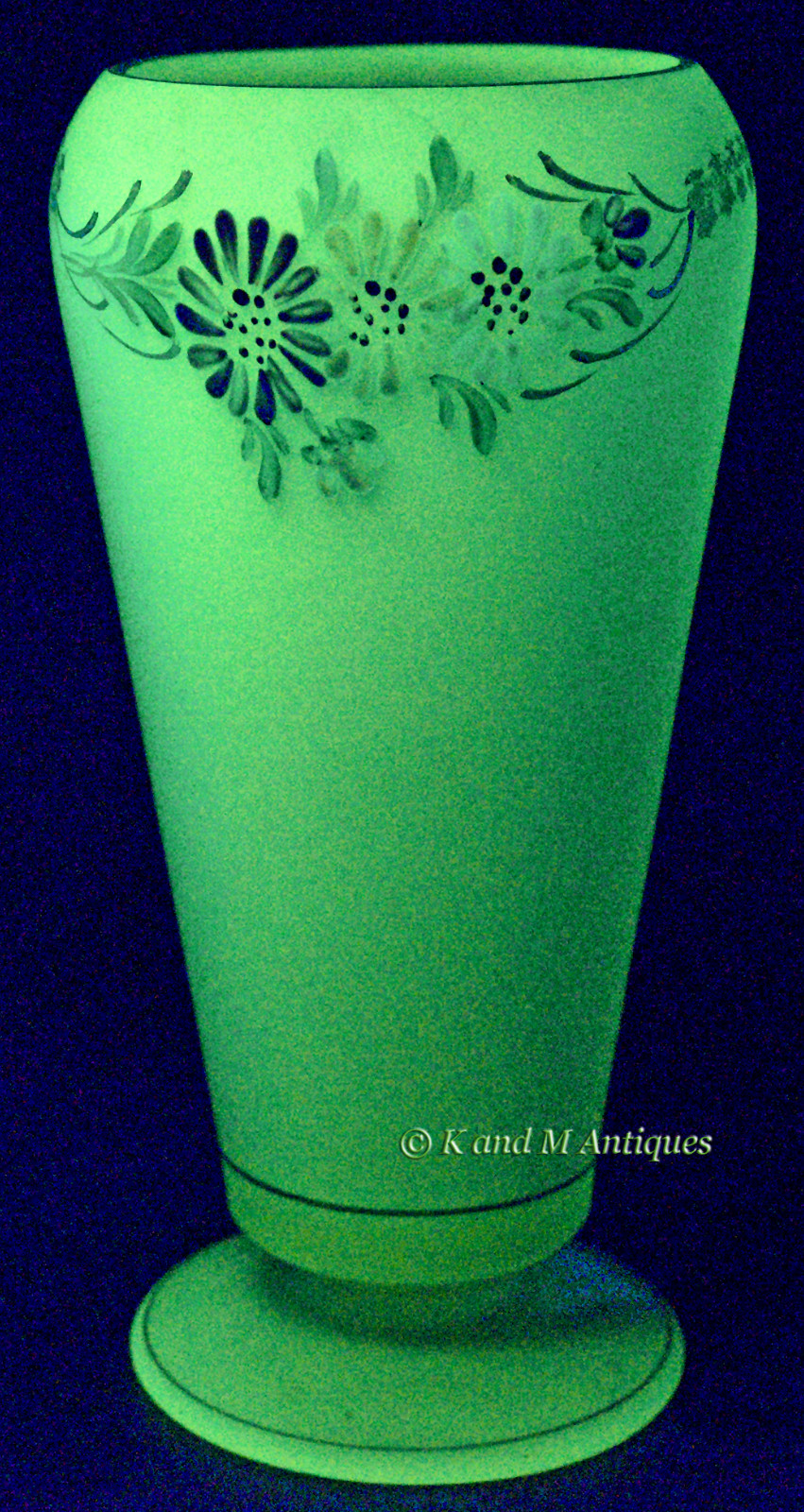 Tiffin / U.S. Glass Green #15151  Footed Vase with Enameled Floral Decoration