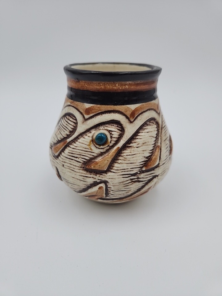 Vintage Planter Brown Cream Pottery Pueblo Line Pattern Treasure Craft Cachepot