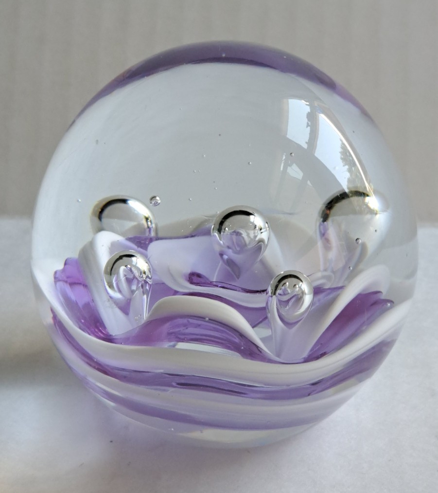 Vtg Art Glass Paperweight Round Controlled Bubbles Murano Style Purple Lavender