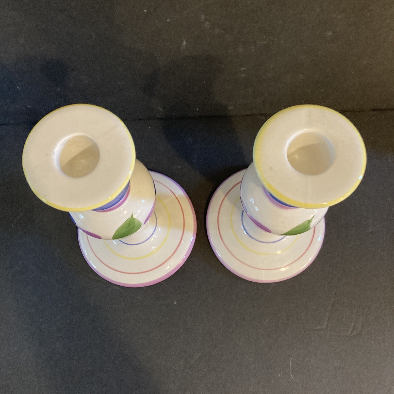 SALE Vintage Pair Candlesticks Ceramic Hand painted 9” Tall