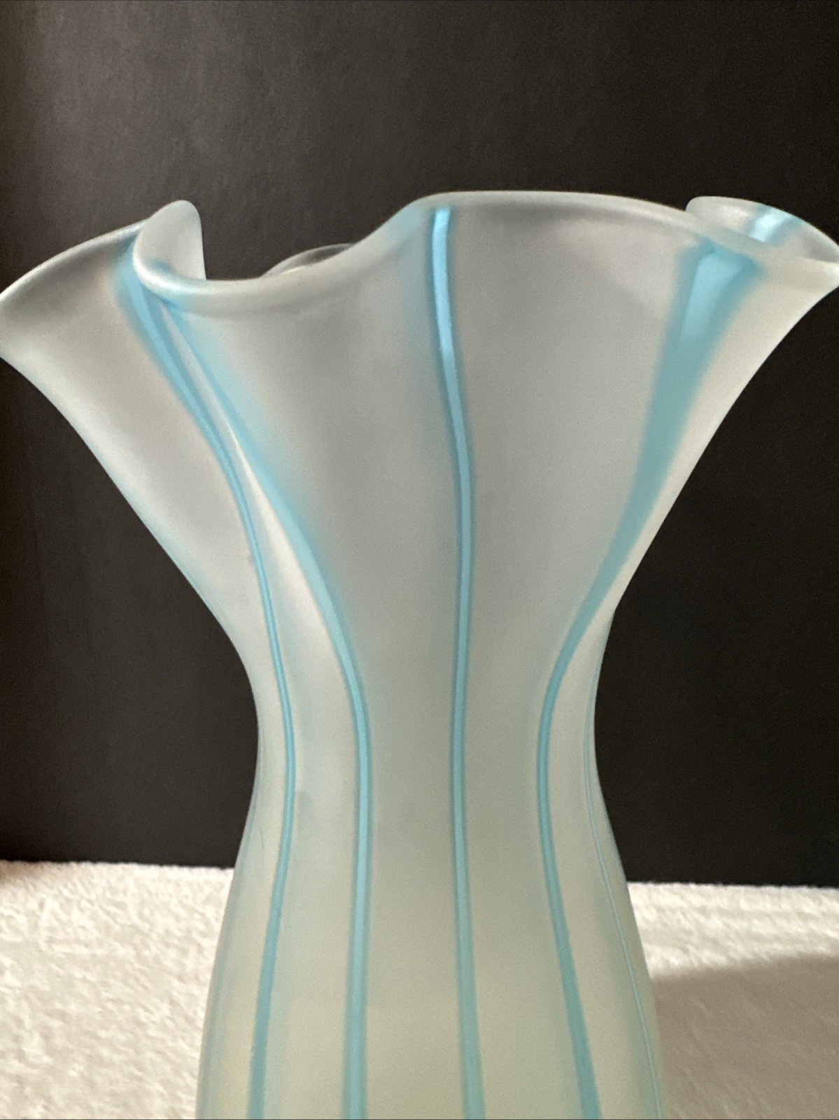 Fenton 1950’s Blue Opalescent Satin Rib Optic Striped Ruffle Rim Glass Vase