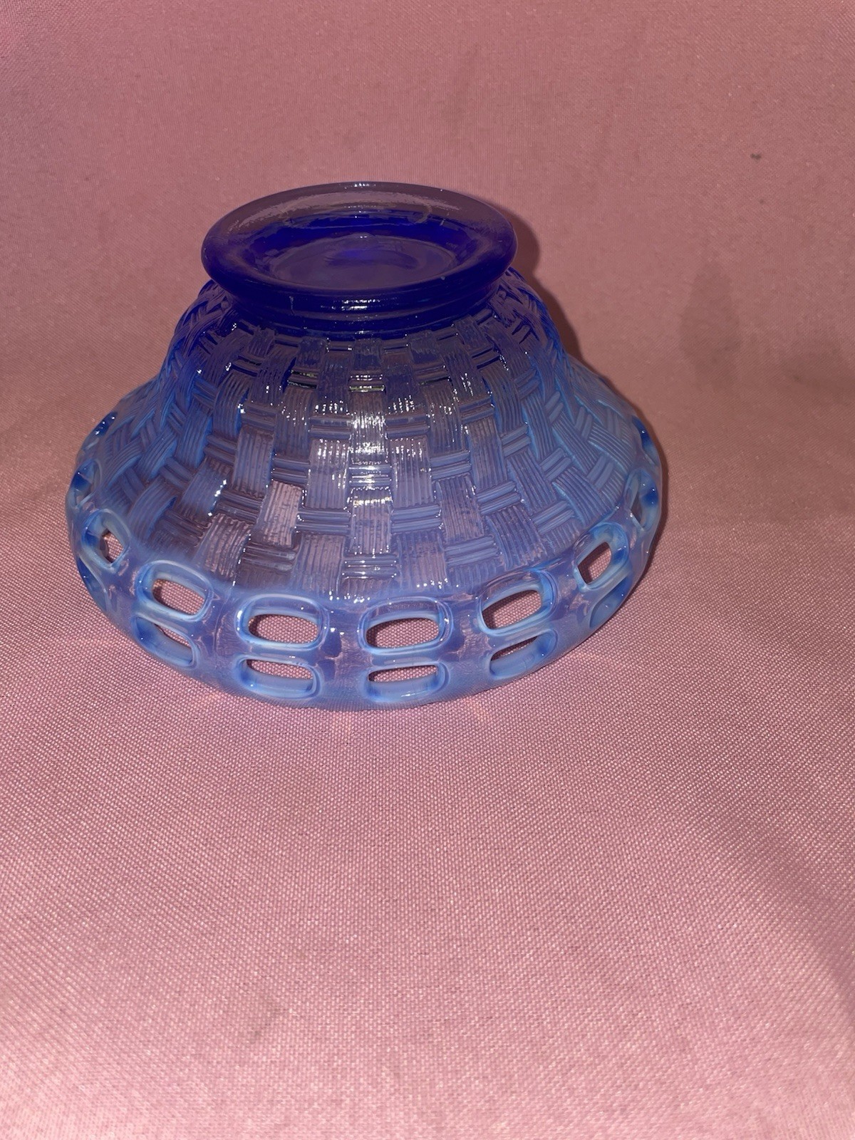 Vintage Fenton Blue Opalescent Basketweave Open Lace Edge Glass Bowl 5”