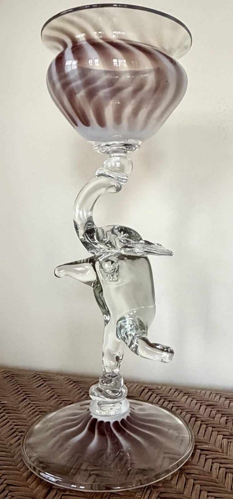 Vintage Murano Style Art Glass Elephant Candlestick Holder Pink Swirl 10″