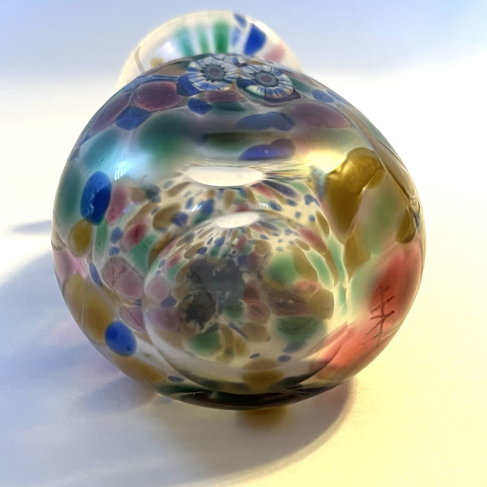Signed Herb A. Thomas Vase Iridescent Art Glass with Millefiori Floral 5.25″