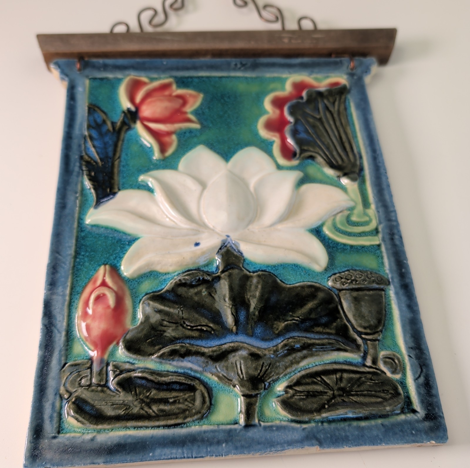 Signed LG Majolica Style Ceramic Lotus Flower Wall Plaque Studio Pottery Tile