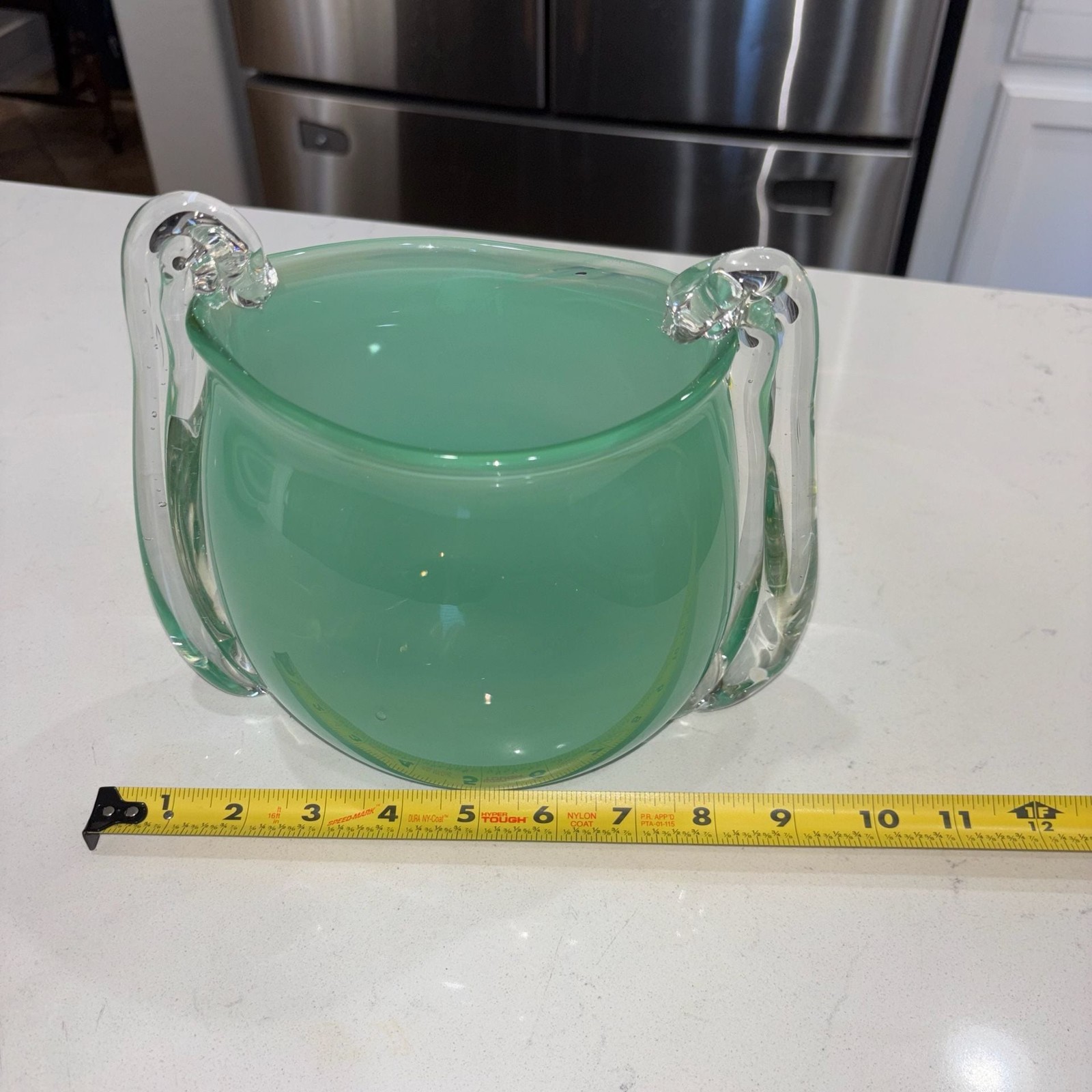 Mid-Century Modernist Hand-Blown Glass Vase in Jade and White 8”