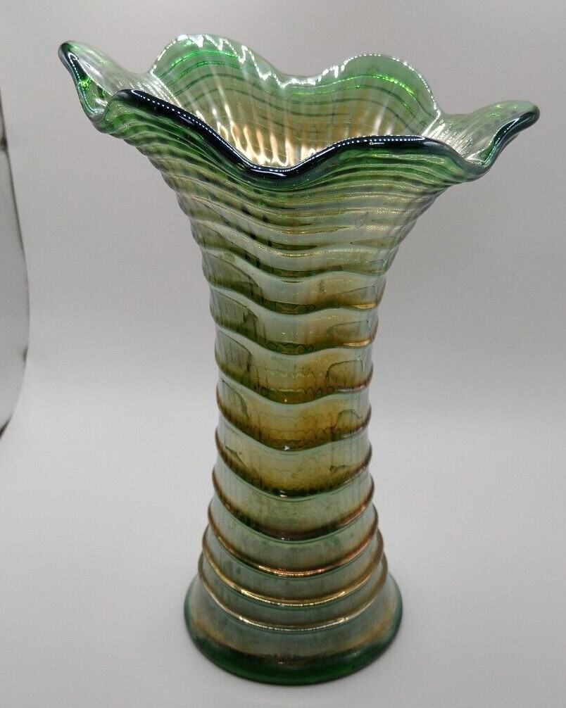 Vintage Imperial Ripple Green Ruffle Top Carnival Glass Vase 7.75″ Tall