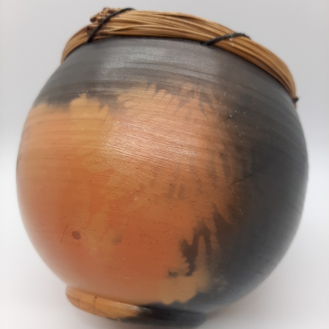 Signed Ceramic Pottery 5″ Pot With Pine Needles, Fetish, Natural Stones 1994
