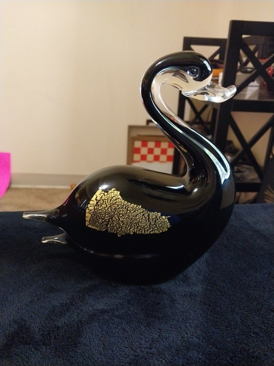 Vintage Murano Art Glass Swan Duck Black And Clear and Gold MCM