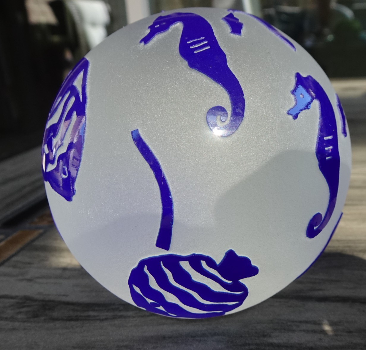 Signed Correia Cameo Acid Etched Art Glass Fish Seahorse Ocean Paperweight 1995
