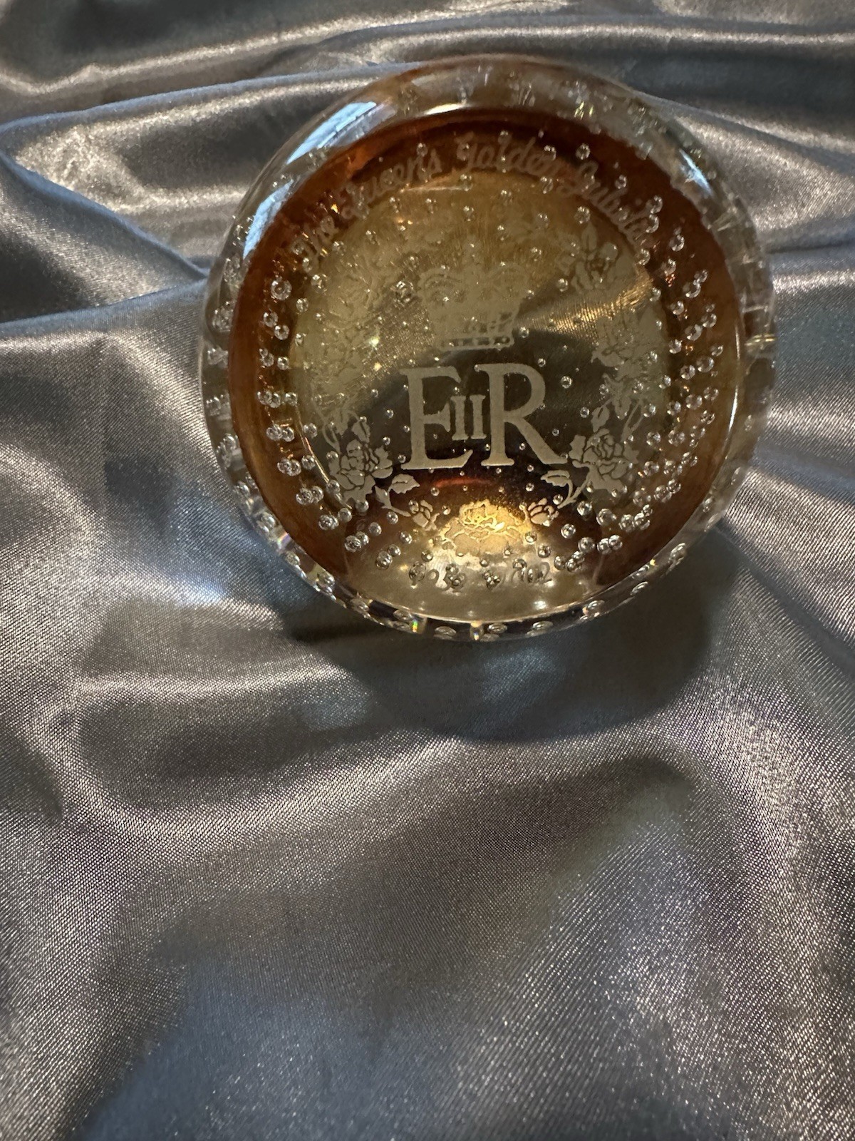 Caithness Glass Paperweight Amber Hand Blown Royal Crown Queen Elizabeth II 2002