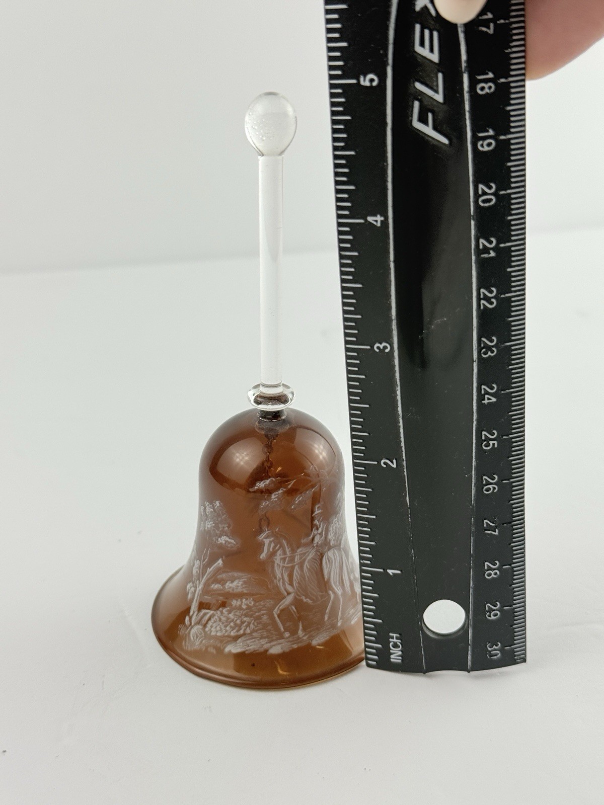 Vintage Amber Clear Handle Crystal Bell 5 Inch Etched Horse And Rider Delicate