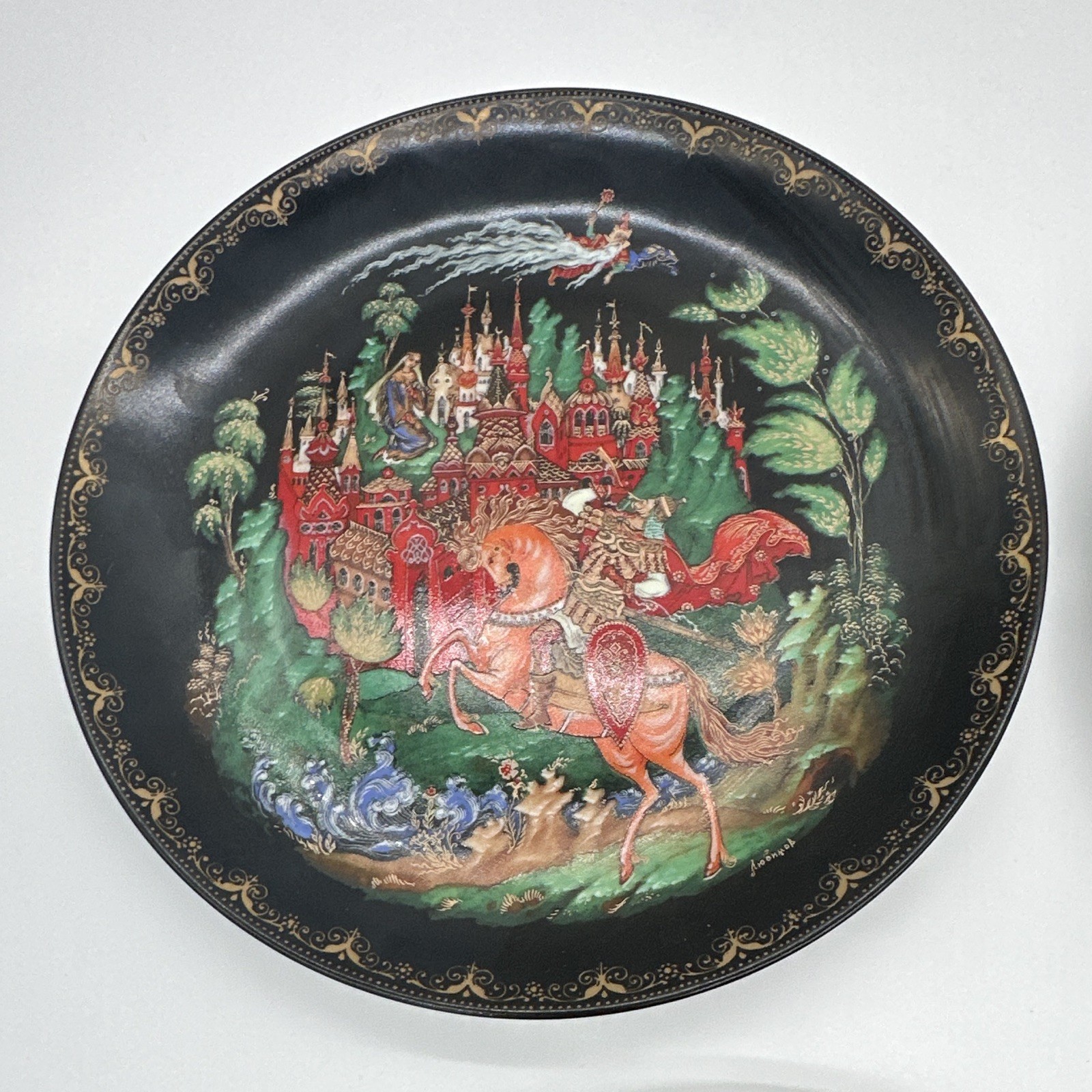 Palekh Numbered Set of 5 Russian Fairy Tale Collector Plates Black/Gold Trim
