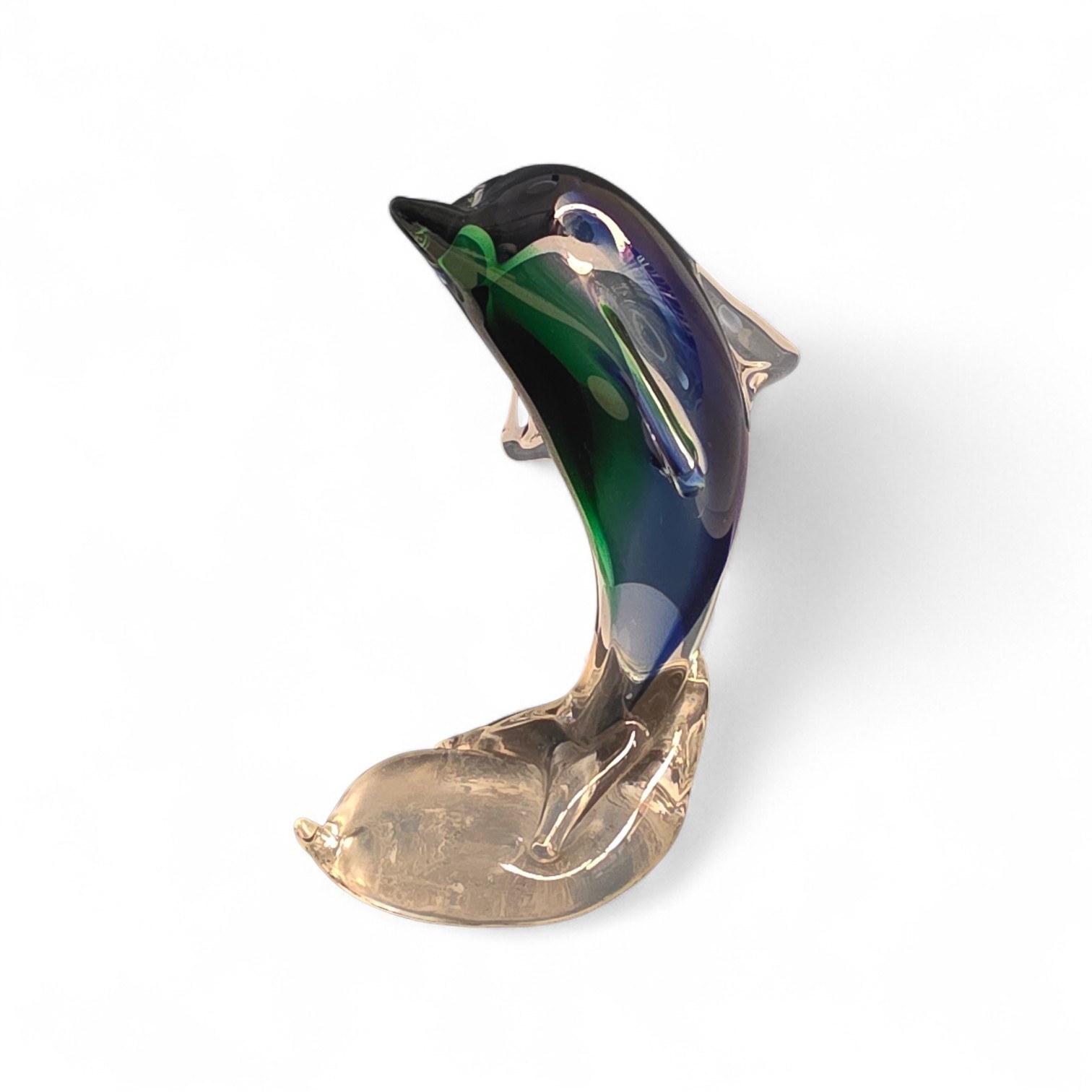 Art Glass Dolphin Figurine Paperweight 6” Green Blue Clear Unbranded