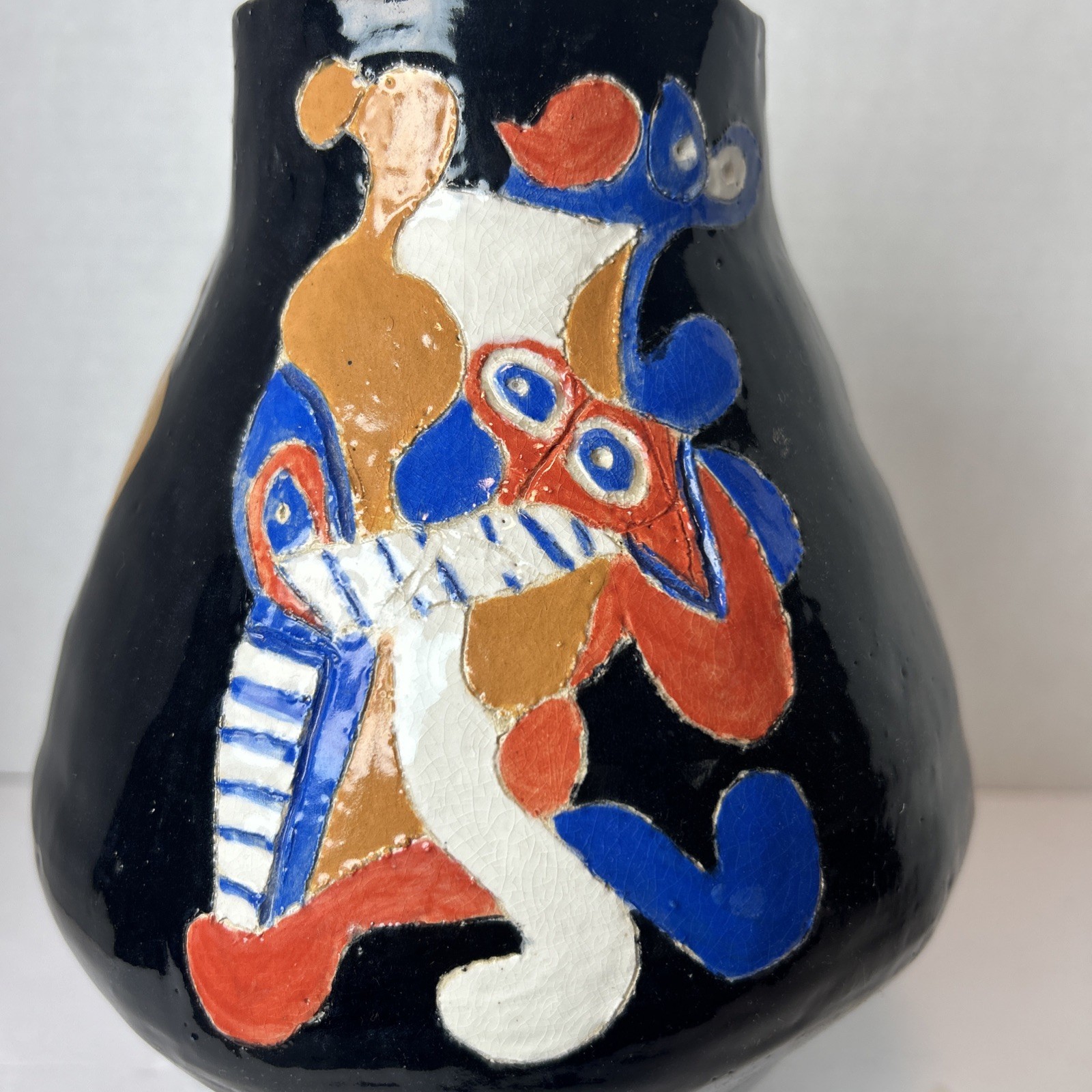 MCM Studio Art Pottery Handmade Vase Vessel Black Bold Colors Abstract Ceramic