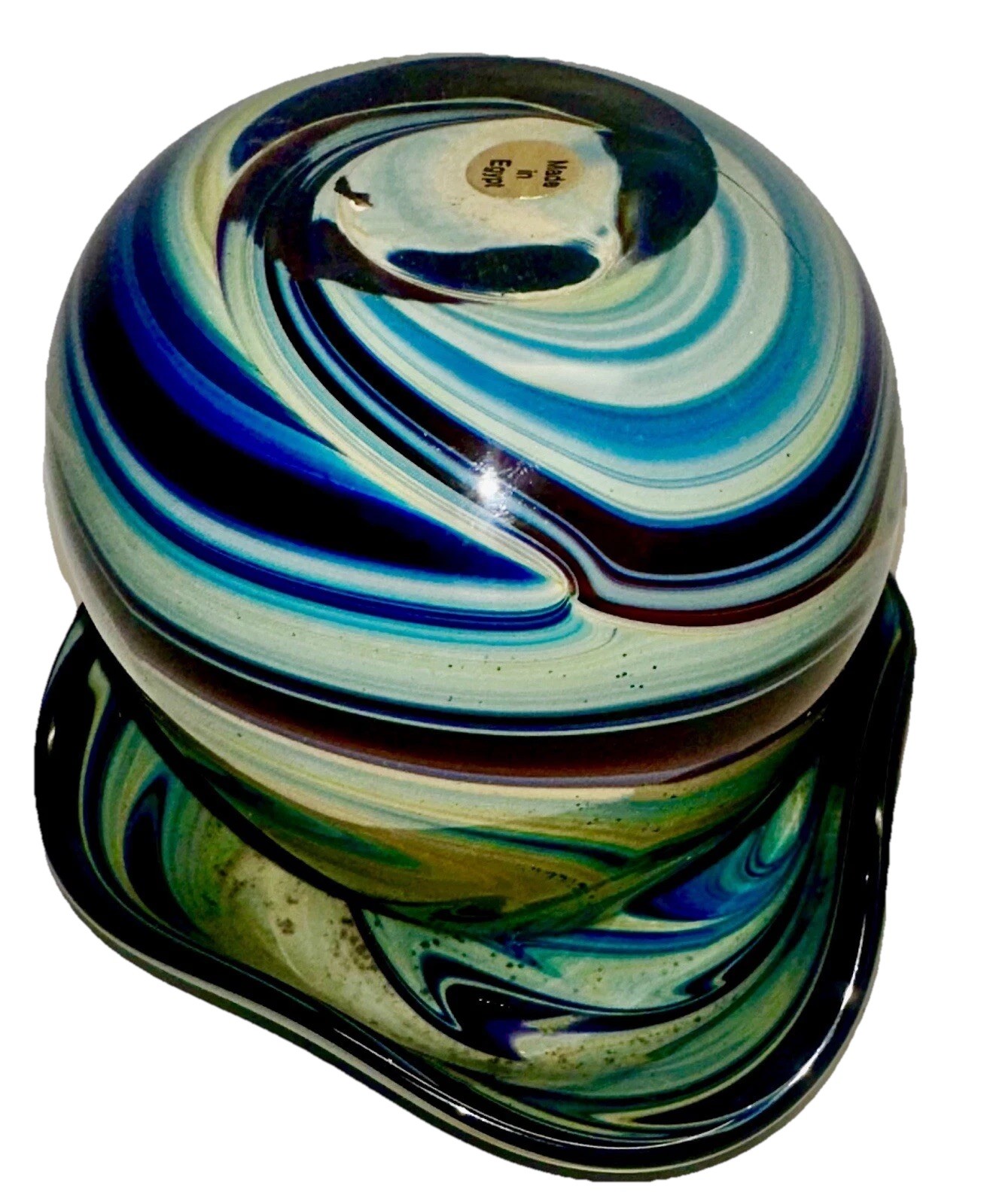 Vintage El Enany Egypt Art Glass Vase Hand Blown Blue Green Swirl Ruffled