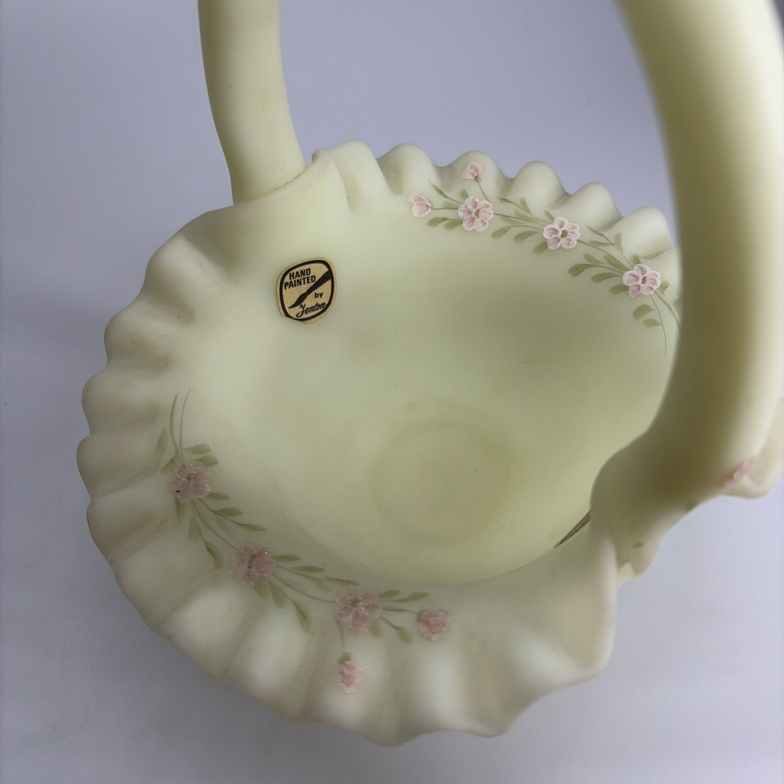 Fenton Vaseline Uranium UV Glow Satin Custard Ruffled Basket 8″ HP Signed USA