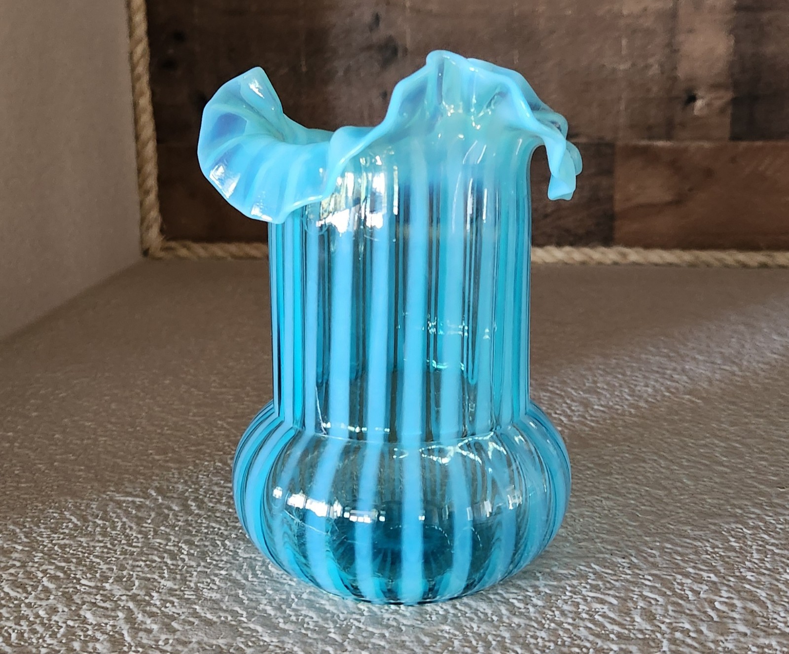 Antique NORTHWOOD Blue Opalescent Striped Ruffled Edge Celery Vase**Beautiful**