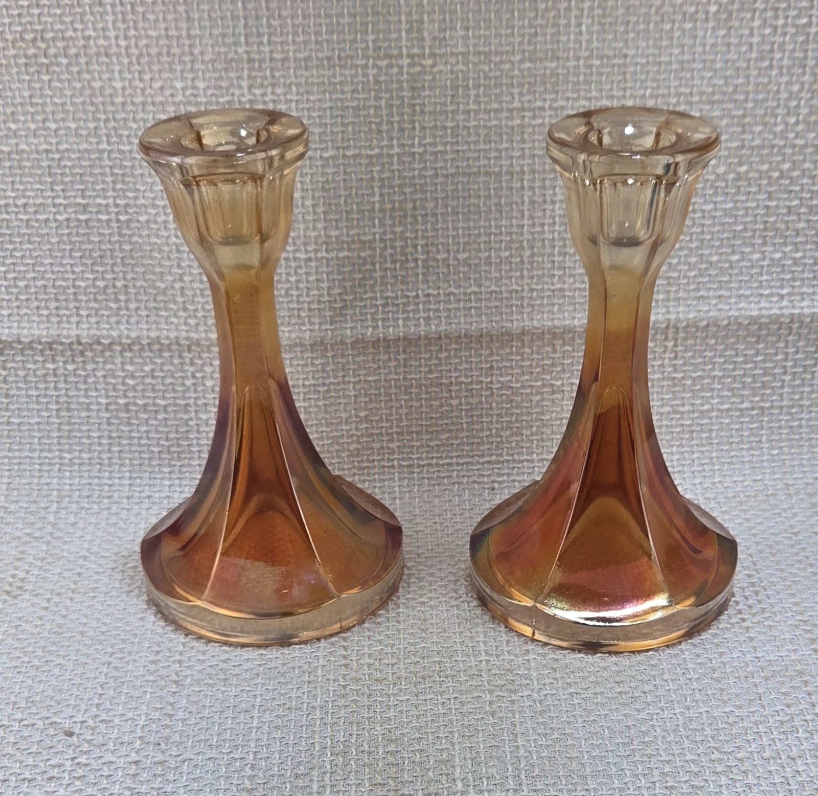 2 Vintage Hexagon Stretch Glass Marigold Carnival Glass Candlestick Holders