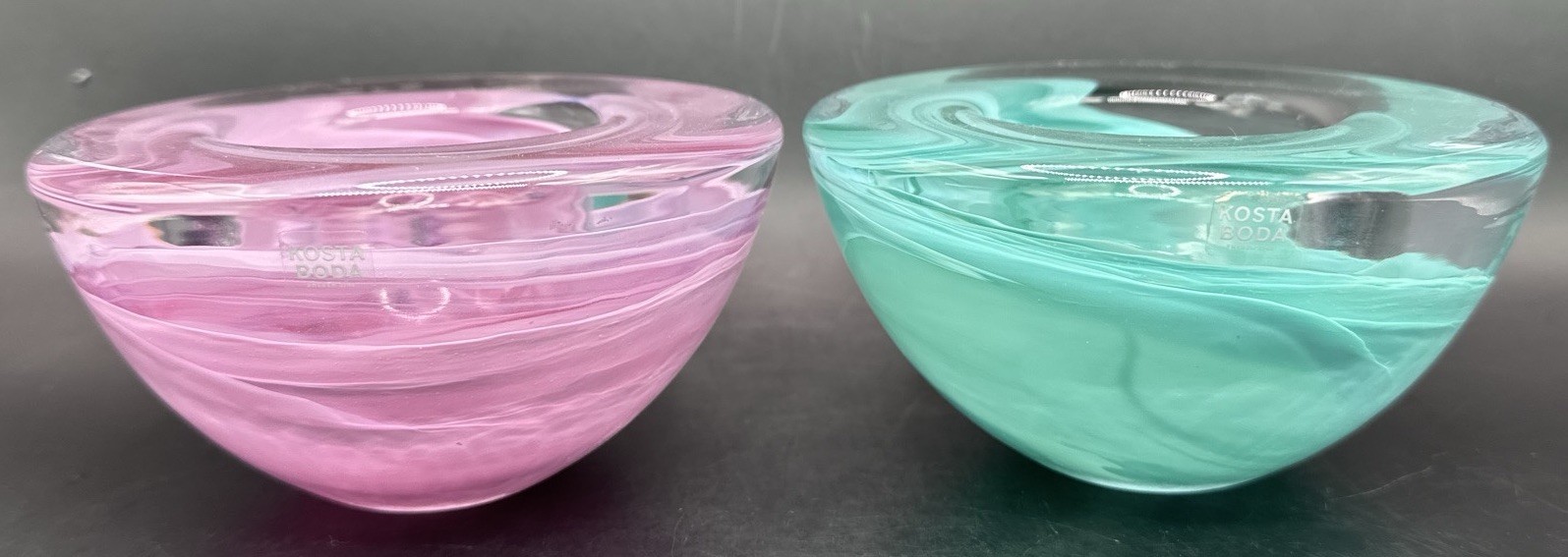 Kosta Boda Atoll Candle Holder Art Glass Pink & Green Lot of 2 Sweden Swirl