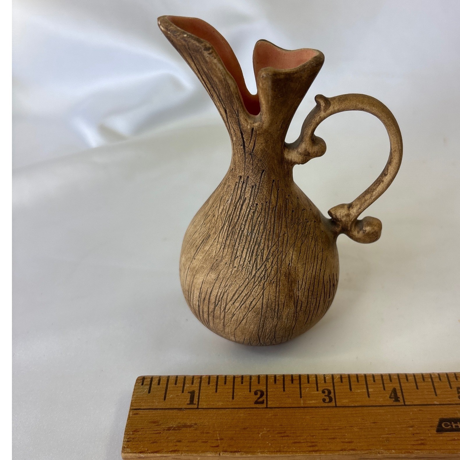 Vintage Studio Pottery Pitcher Tree Bark Texture Brown Pink Glaze Bud Vase