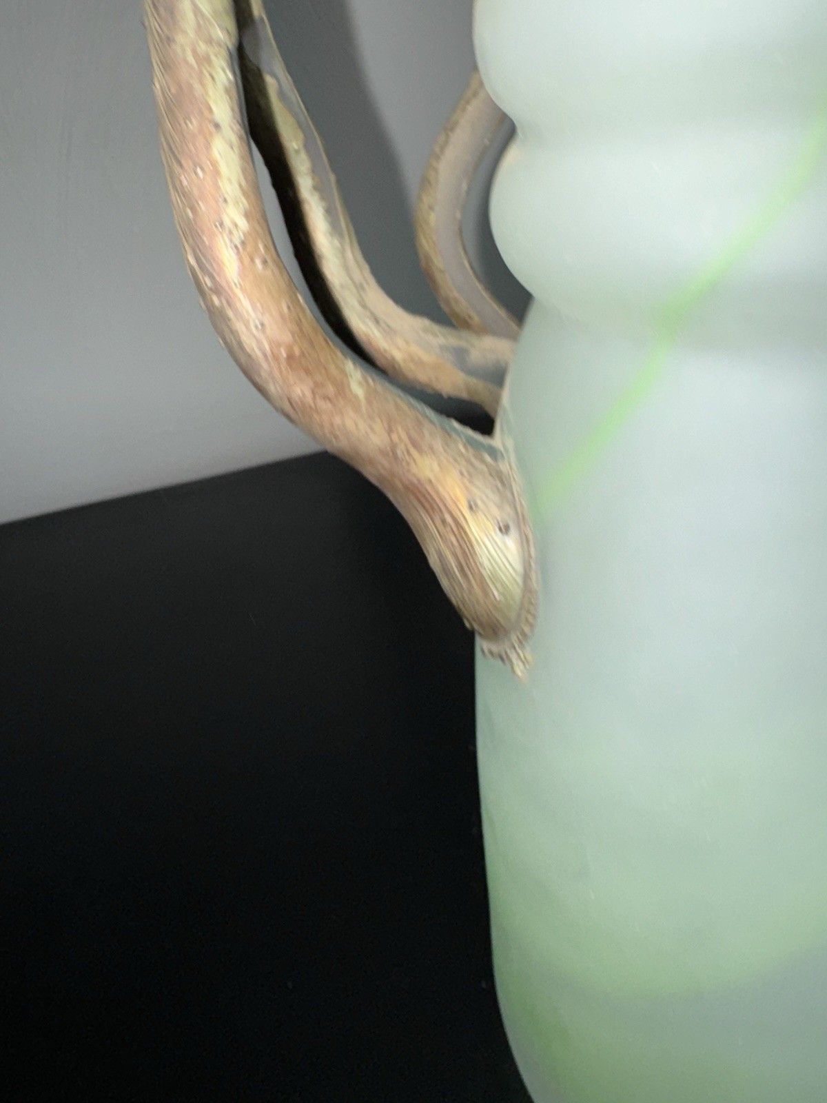 ROMBLASZNA Frosted Swirl Art Glass Vase w/ Metal Handles Romania White/Green