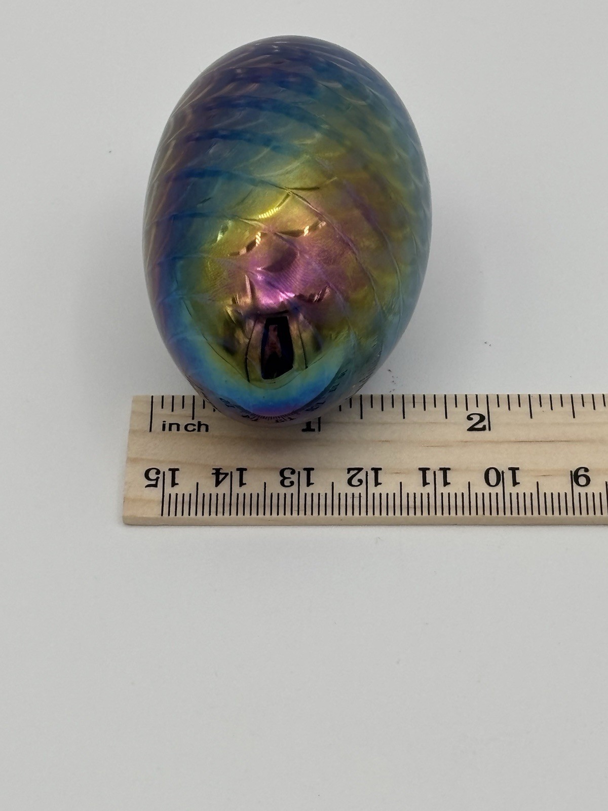 Mount St. Helen Art Glass Egg Paperweight Marked MSH 83 Iridescent blue purple