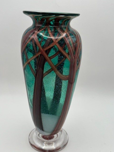 Orient & Flume Art Glass Vase ” Snow Storm” Teal Forest Scene S. Beyers