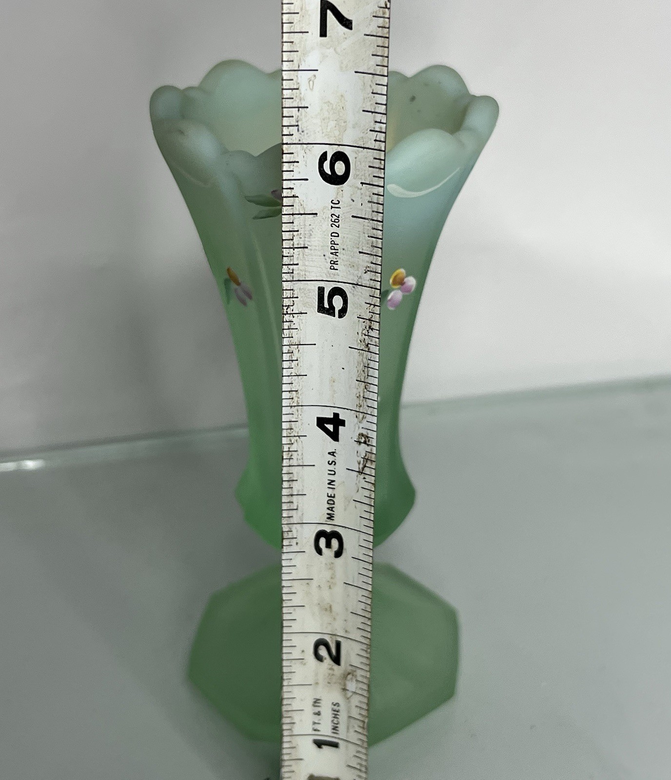 Fenton Dotted Swiss Willow Green Opalescent Satin Vase W/Sticker 2003 6”