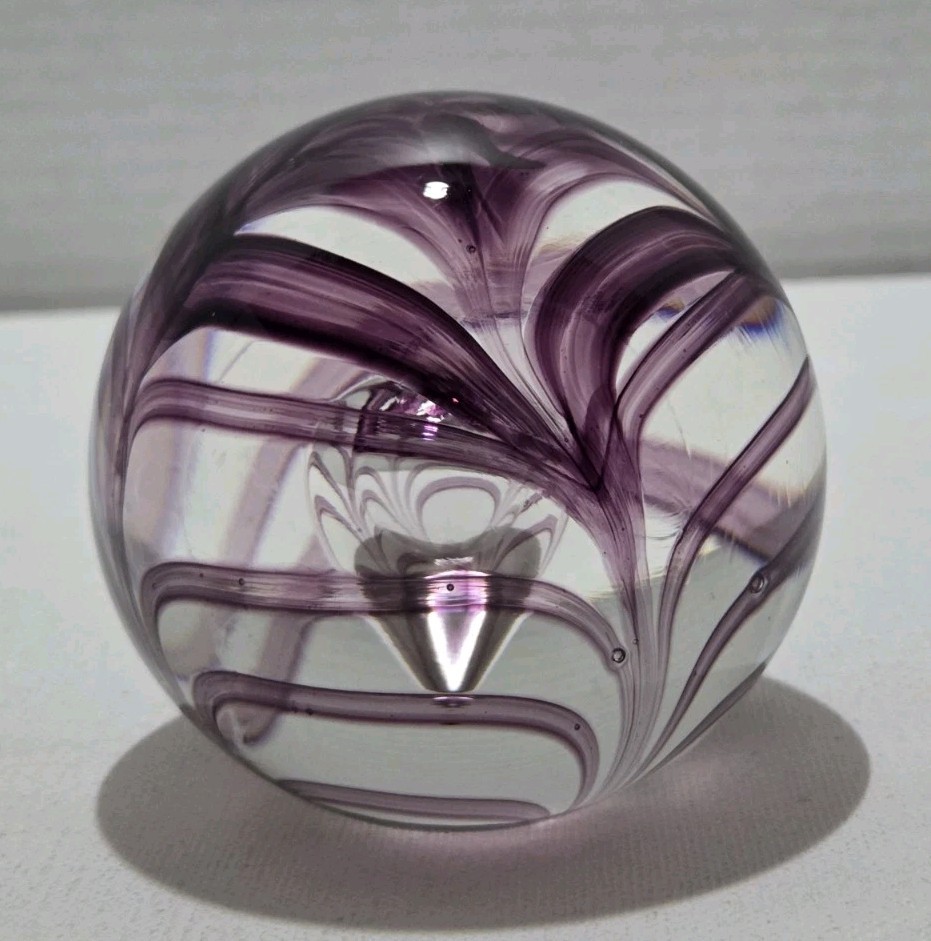 VTG Langham Art Glass Paperweight UK w Purple “Fenicio” Pattern Around Air Pearl