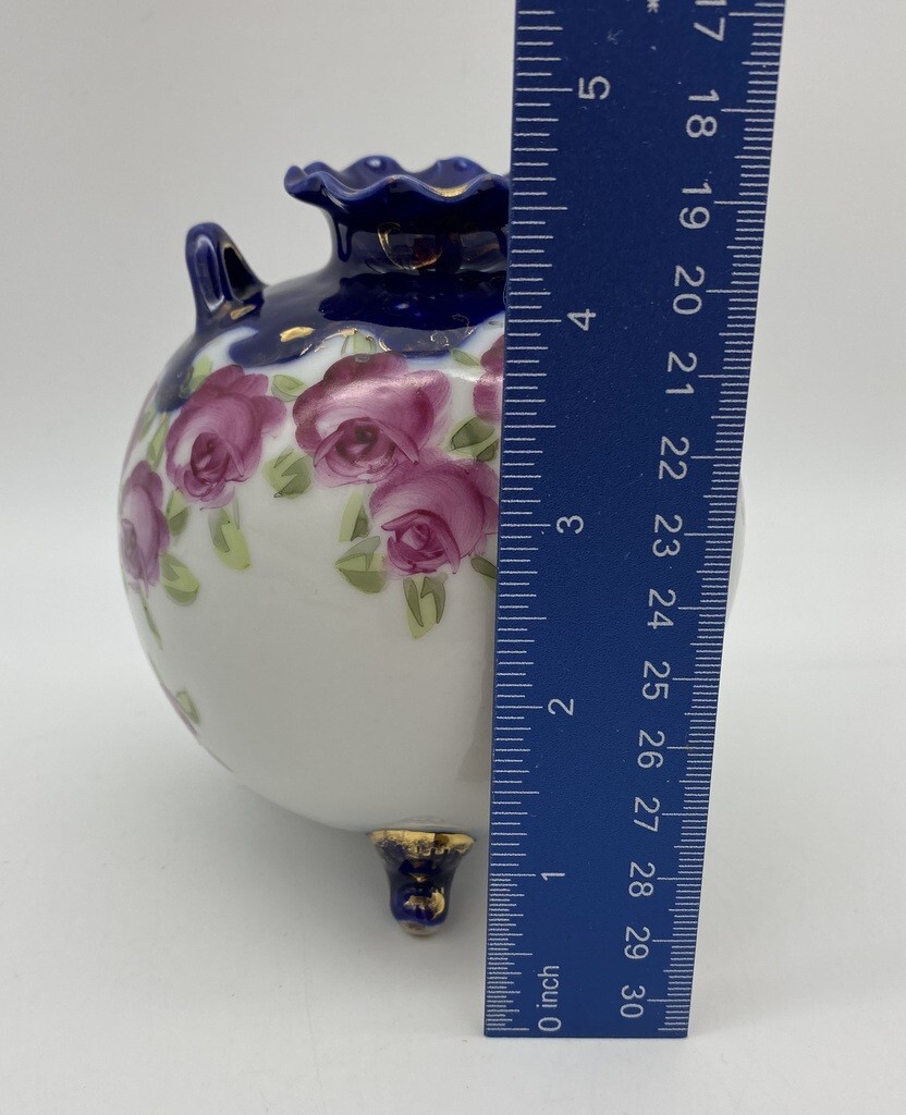 Antique Rose Floral Cobalt Three Footed Vase Hand Painted Made in Japan