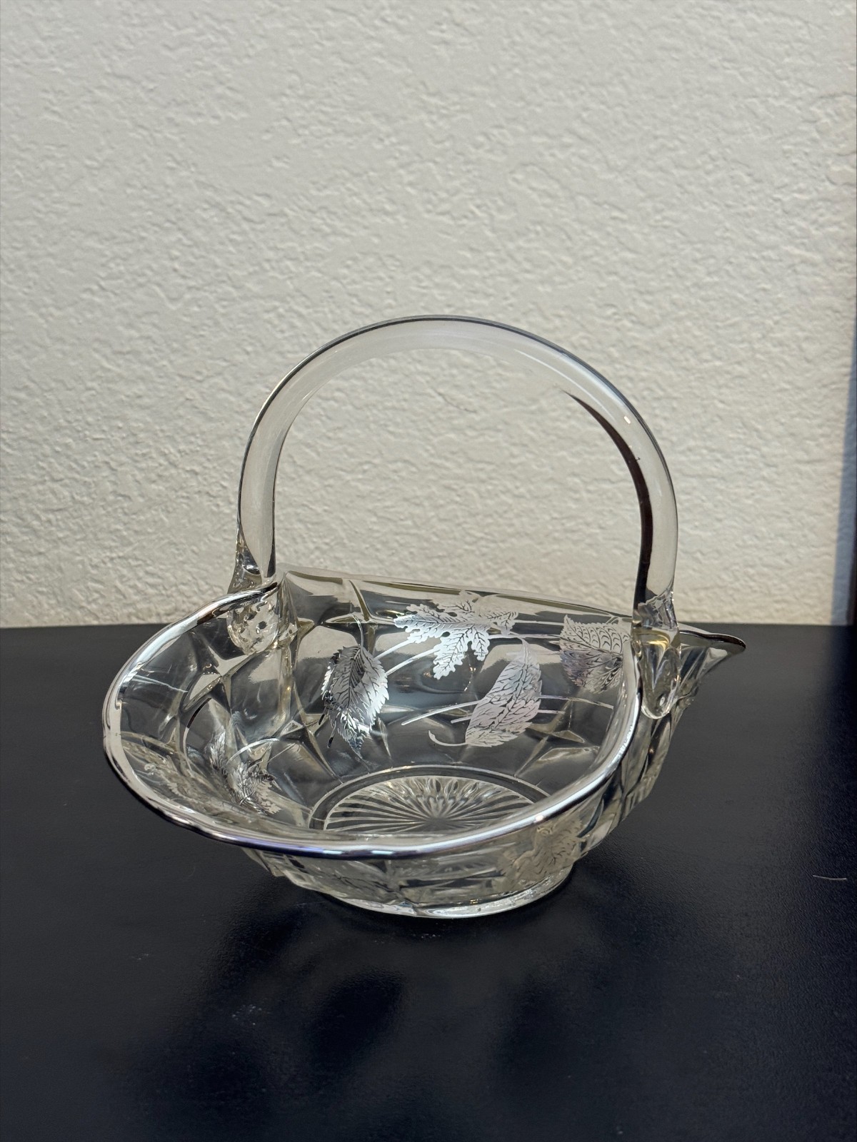 Vintage Cut Crystal Basket Silver Overlay Leaf Design Starburst Base Mid-Century