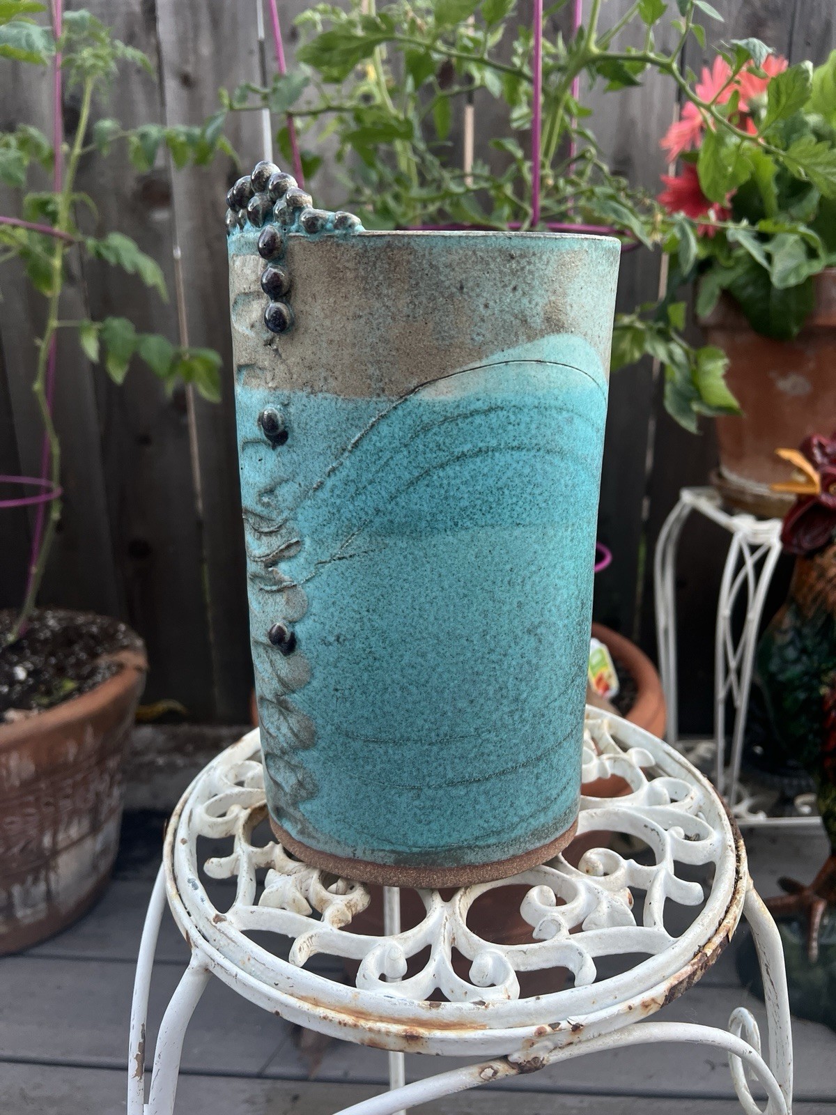 Artist Signed Zeltzer RAKU Style Studio Art Pottery 9.5” X 5.5” Teal And Grey