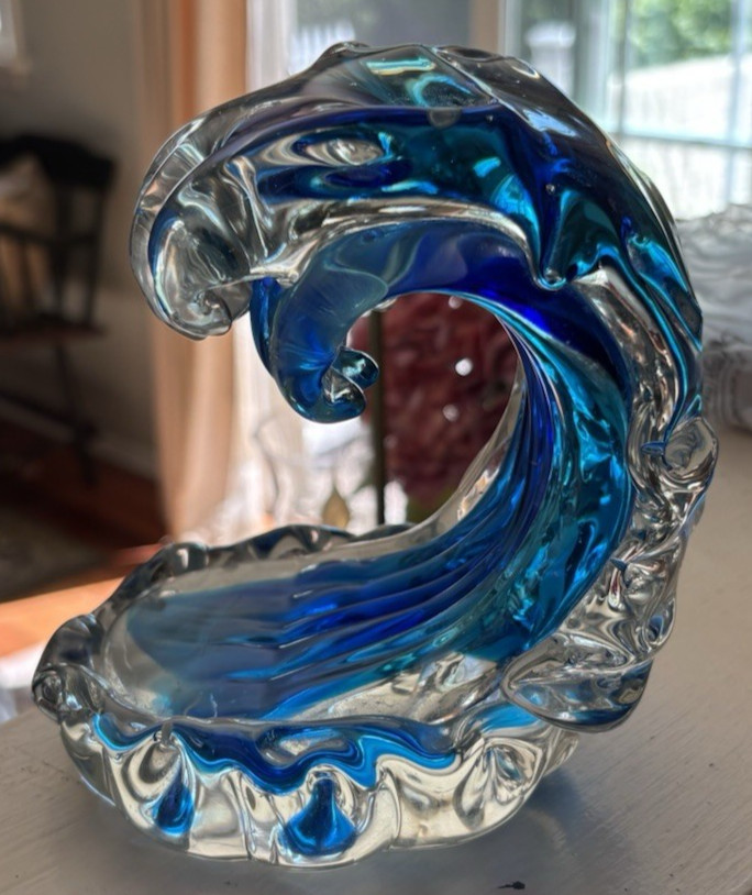 Hand Blow Rolling Ocean Coastal Table Top Nautical Art Glass Decor Blue
