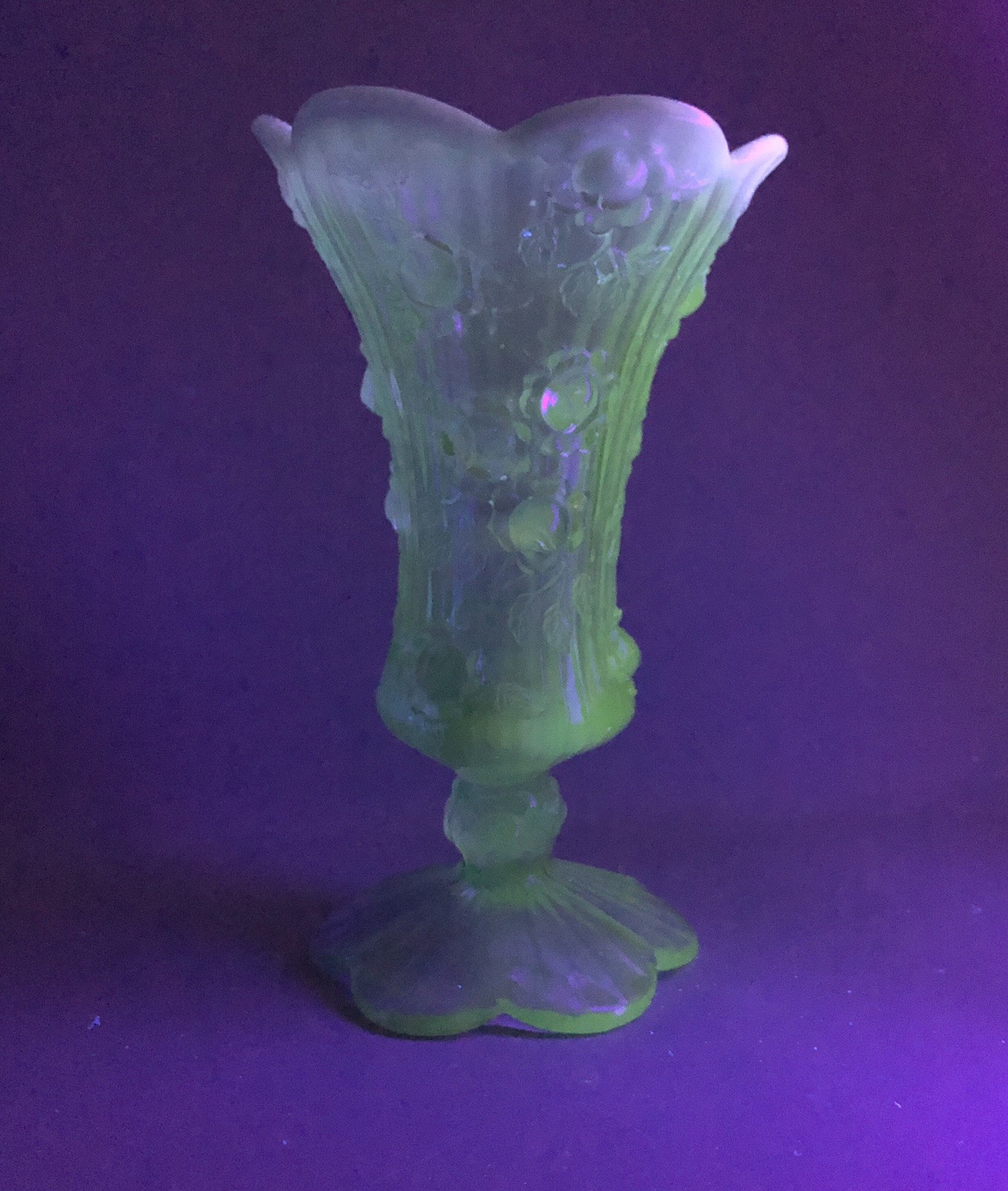 Fenton Glass Blue Opalescent Cabbage Rose Footed Vase Manganese UV Glow
