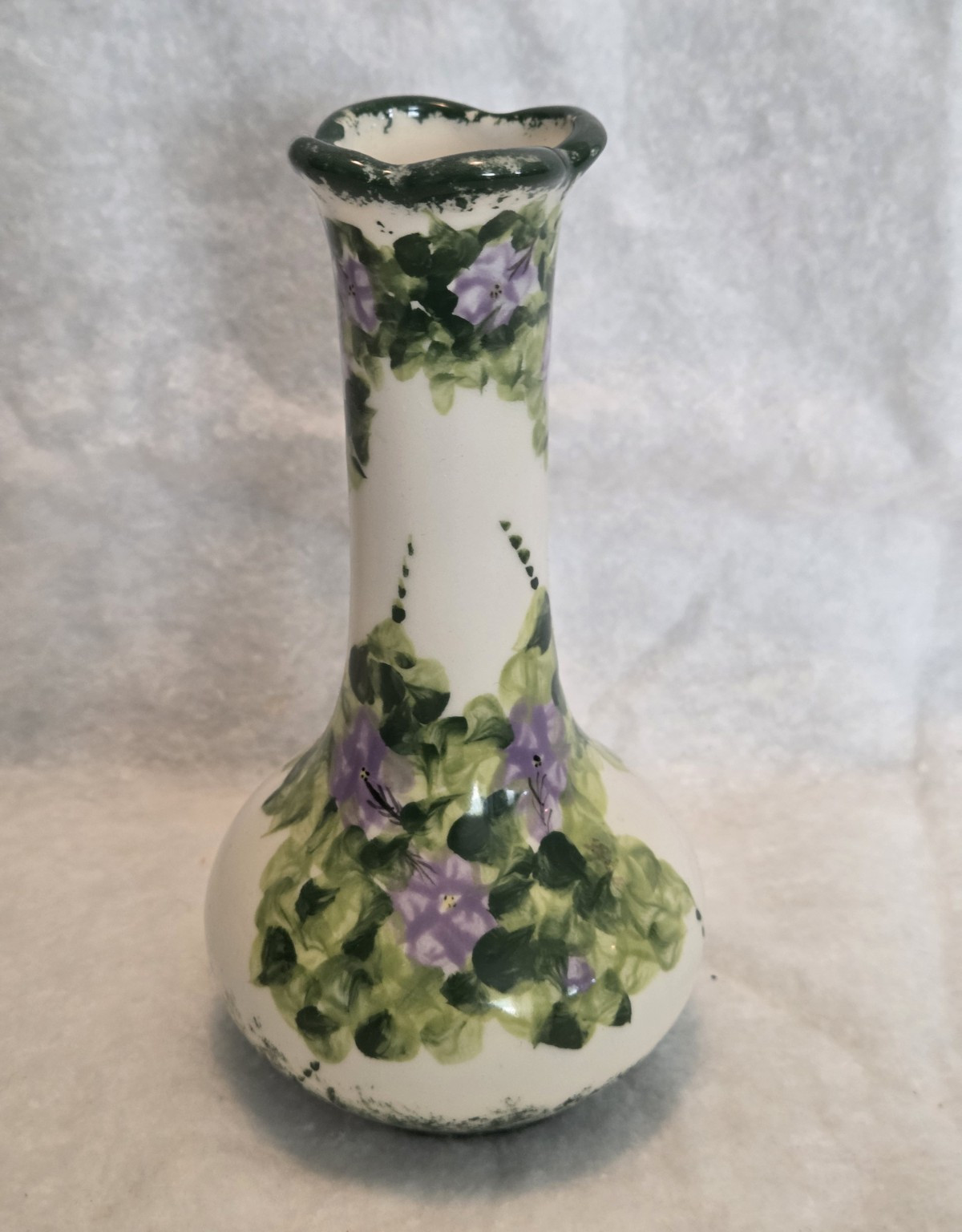 Hand Painted Signed Ceramic Floral Bud Vase Glossy White Green Purple