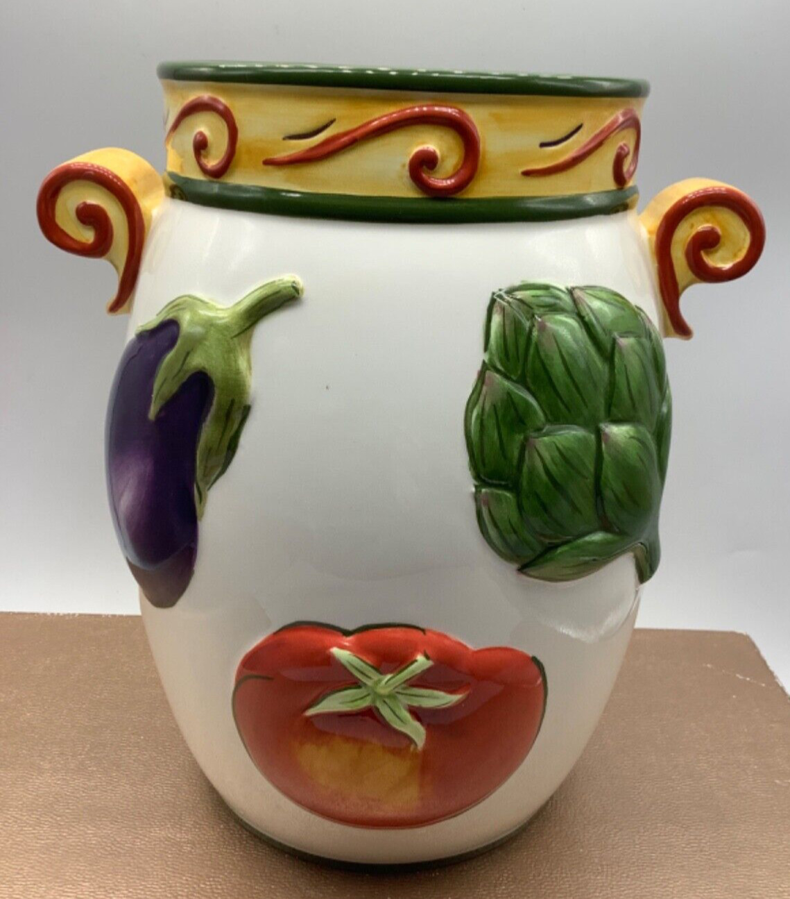 Clay Art Roma Vegetables Hand Painted Vase Utensil Holder Crock Jar Stonelite 8”