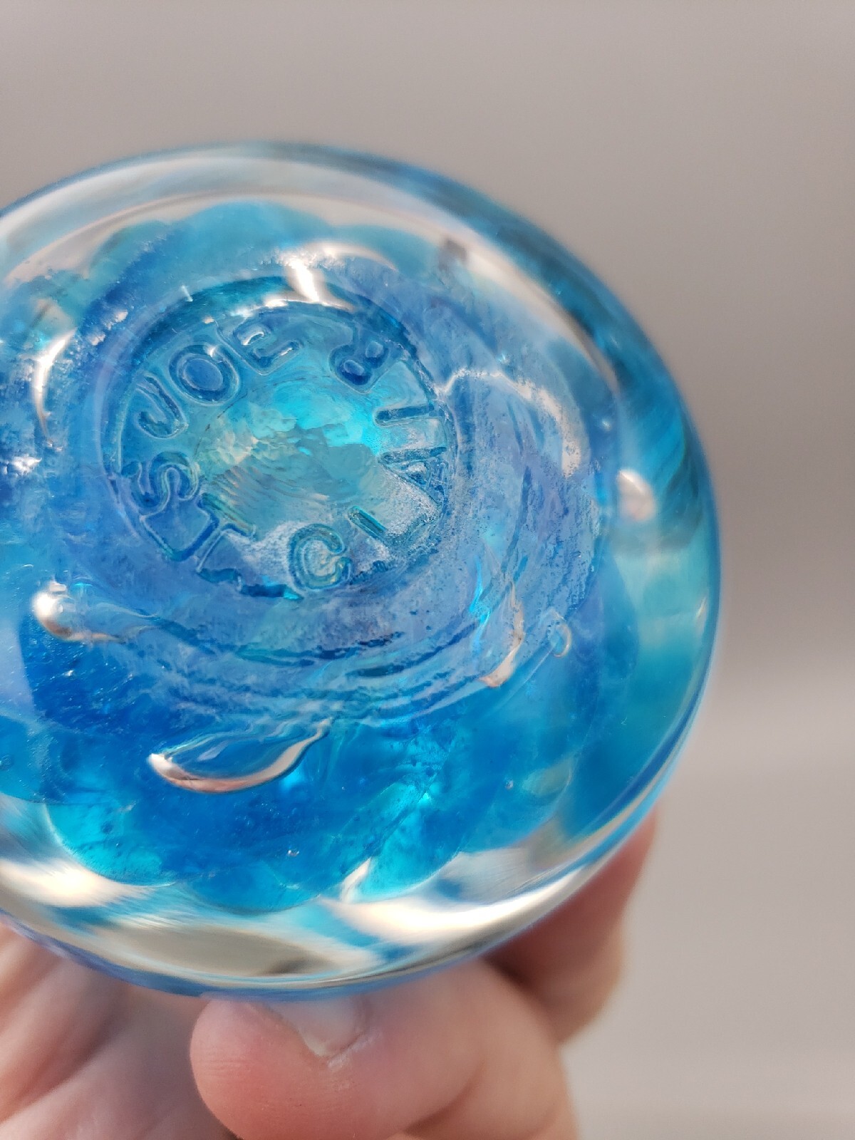Joe Rice St. Clair Art Glass Bell Shaped Paperweight Aqua Blue Stamped