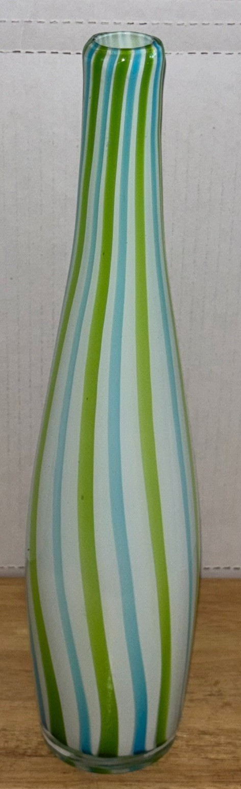 Vintage Blue/Green/White Ribbon Striped Art Glass Bud Vase 13 3/4″ Curved Neck