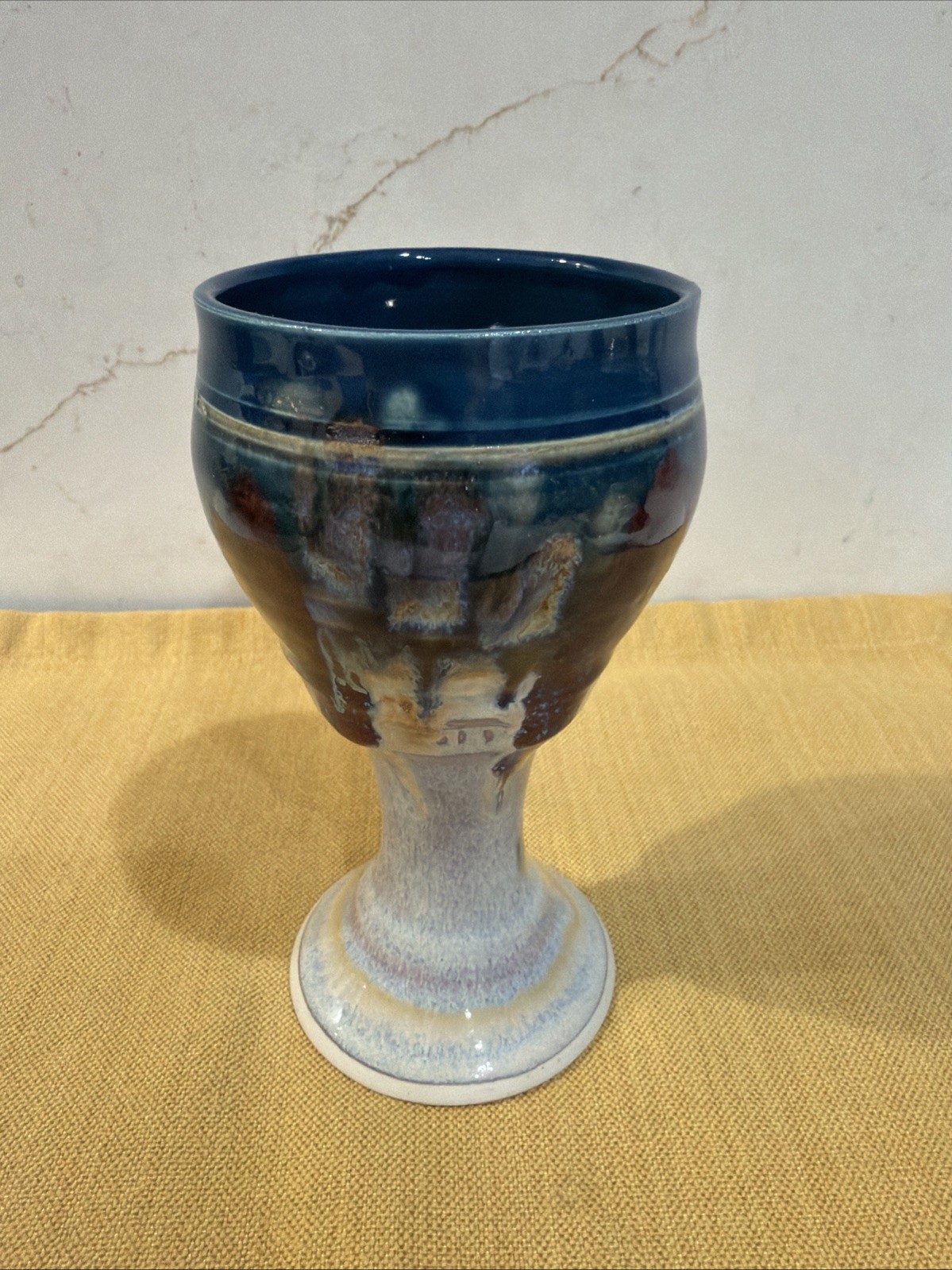 Studio Art Pottery Glazed Wine/Water Goblet Speckled Blue/Plum 6.5”Mission Style