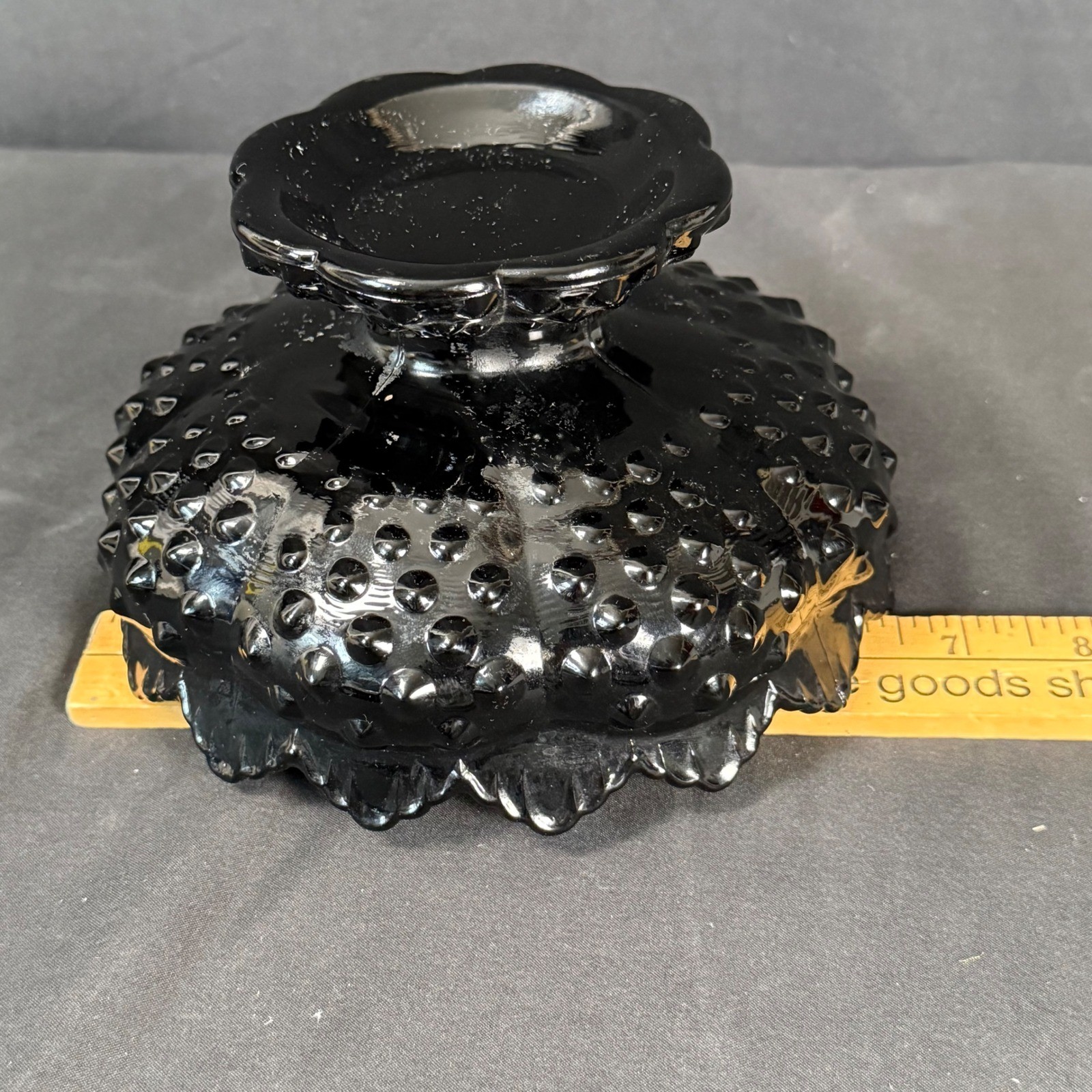 Fenton Black Amethyst Hobnail Glass Candle Bowl 3872 Ebony Scalloped Vintage 70s