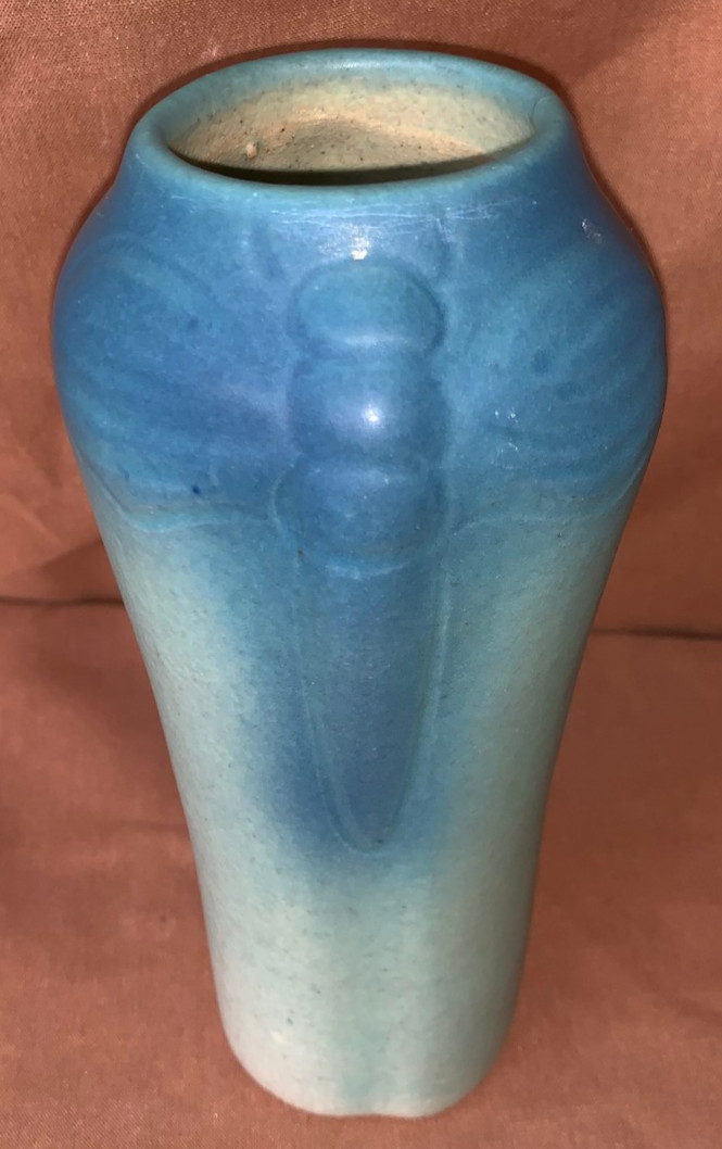 Vintage Van Briggle Art Pottery Ming Turquoise Dragonfly Vase 1920s Ex. Cond.