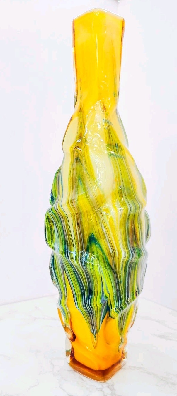 Murano Style Hand Blown Art Glass Vase Sculptural Yellow Free Form 15.5”