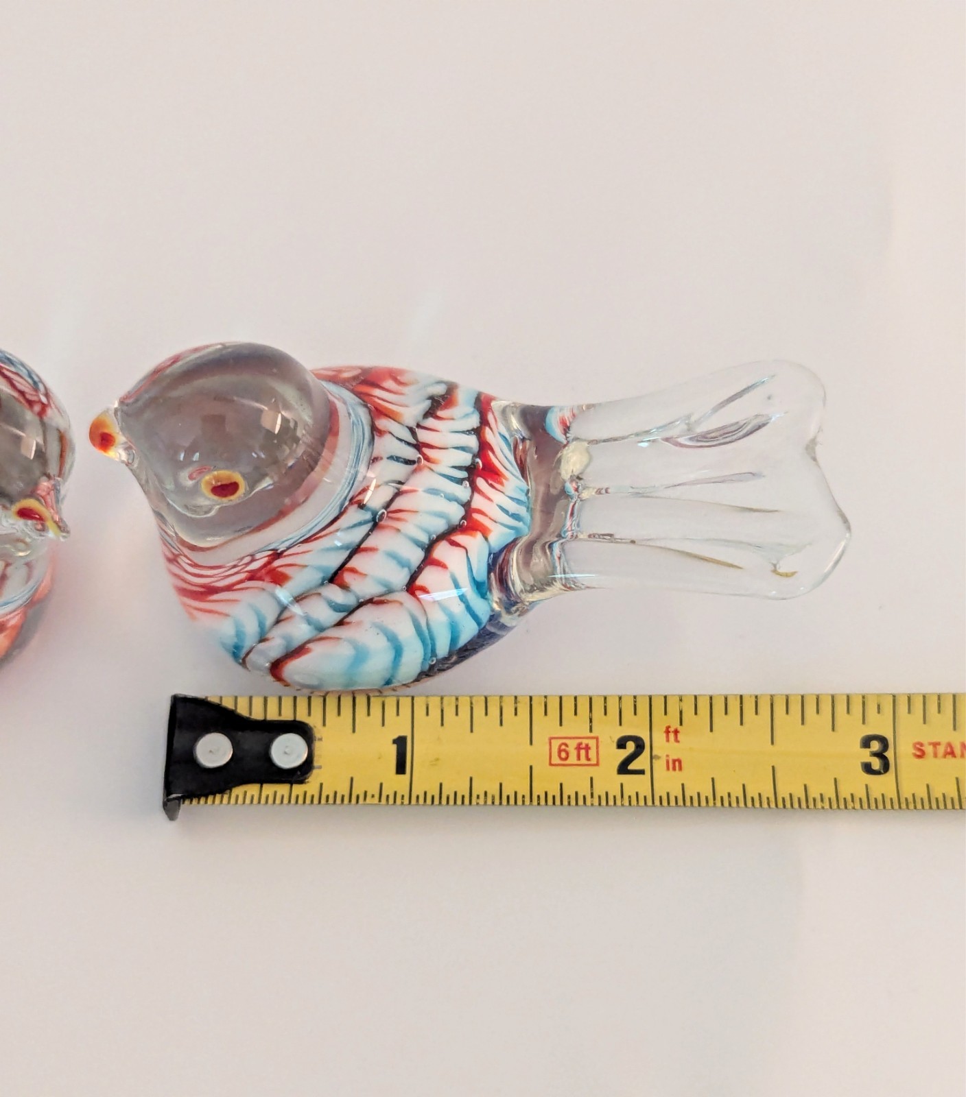 Vintage Murano Style Blown Glass Pair 2″ Bird Figurines Blue White Orange Red