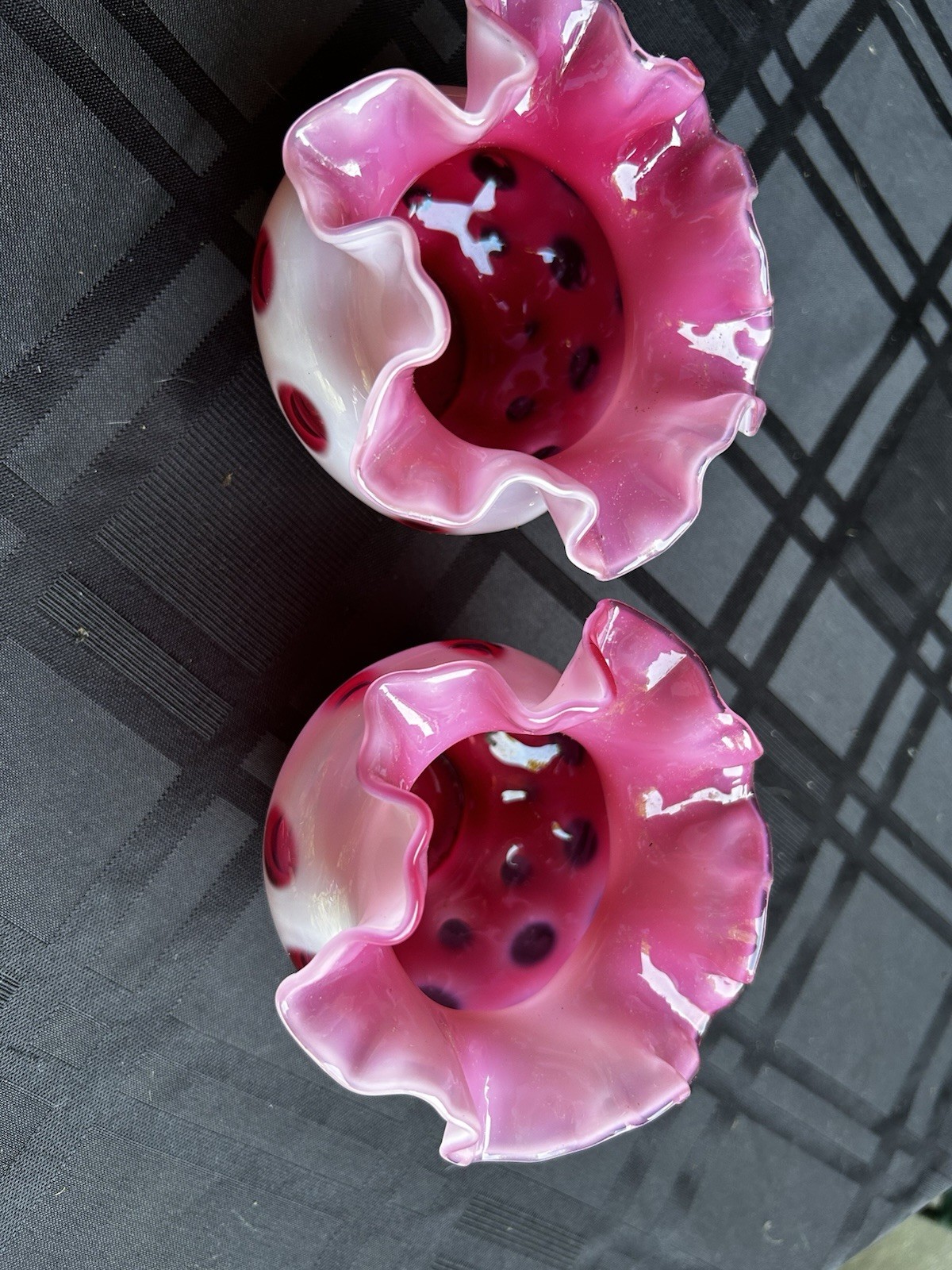 Pair of Fenton Pink White Red Art Glass Vases, Polka Dot Ruffled Rim Glossy 4 in