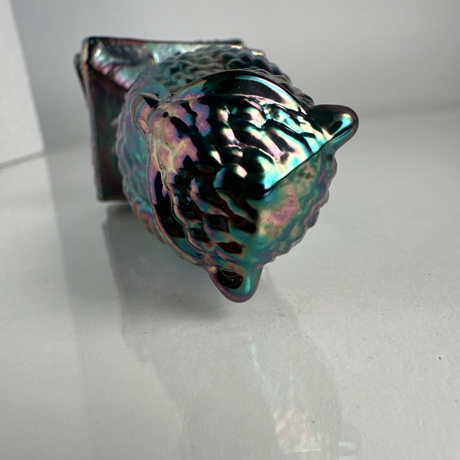 VINTAGE DEGENHART GLASS OWL DARK COBALT CARNIVAL RAINBOW FIGURINE RARE COLOR