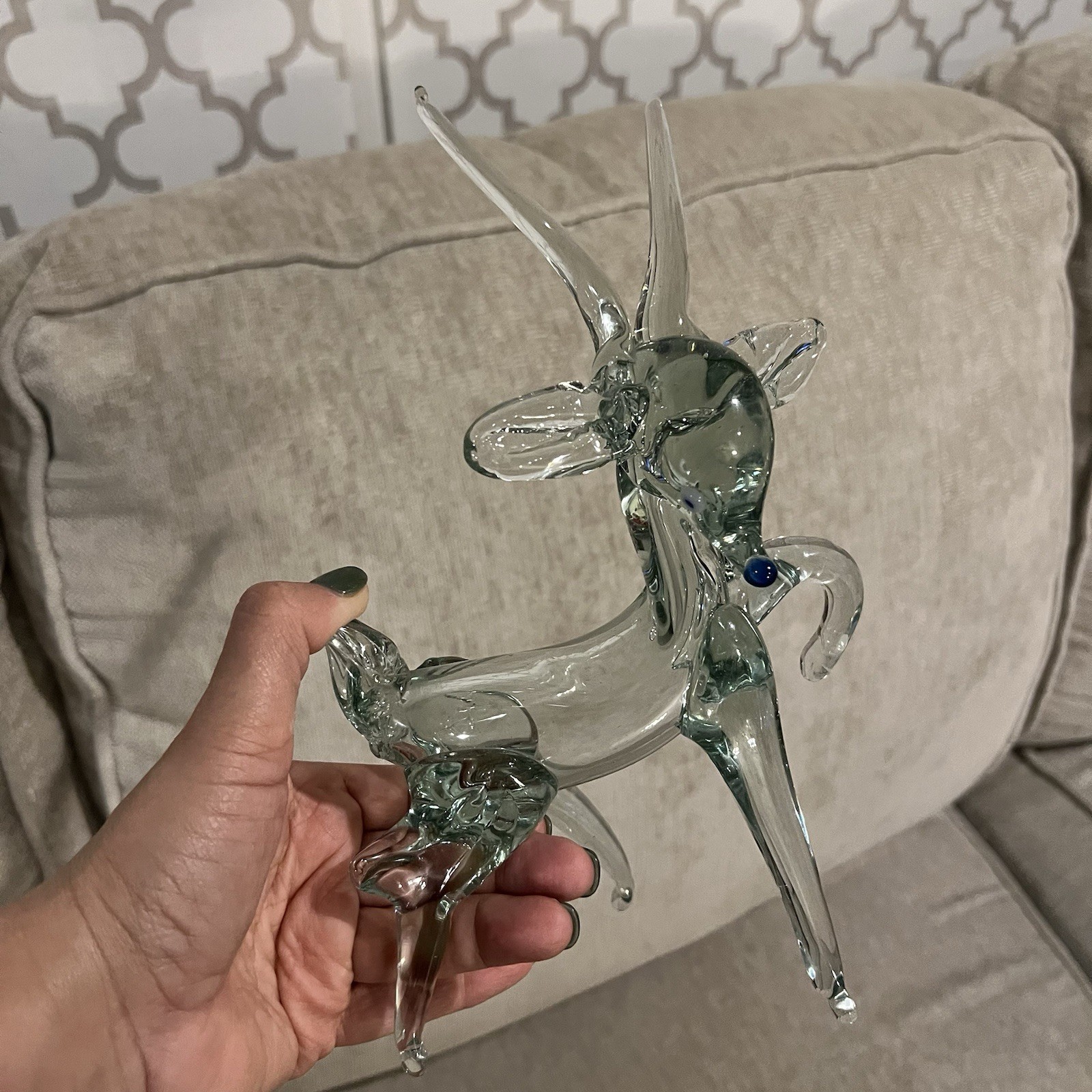Vintage Hand Blown Glass Reindeer With Blue Nose And Eyes Unique Art Glass