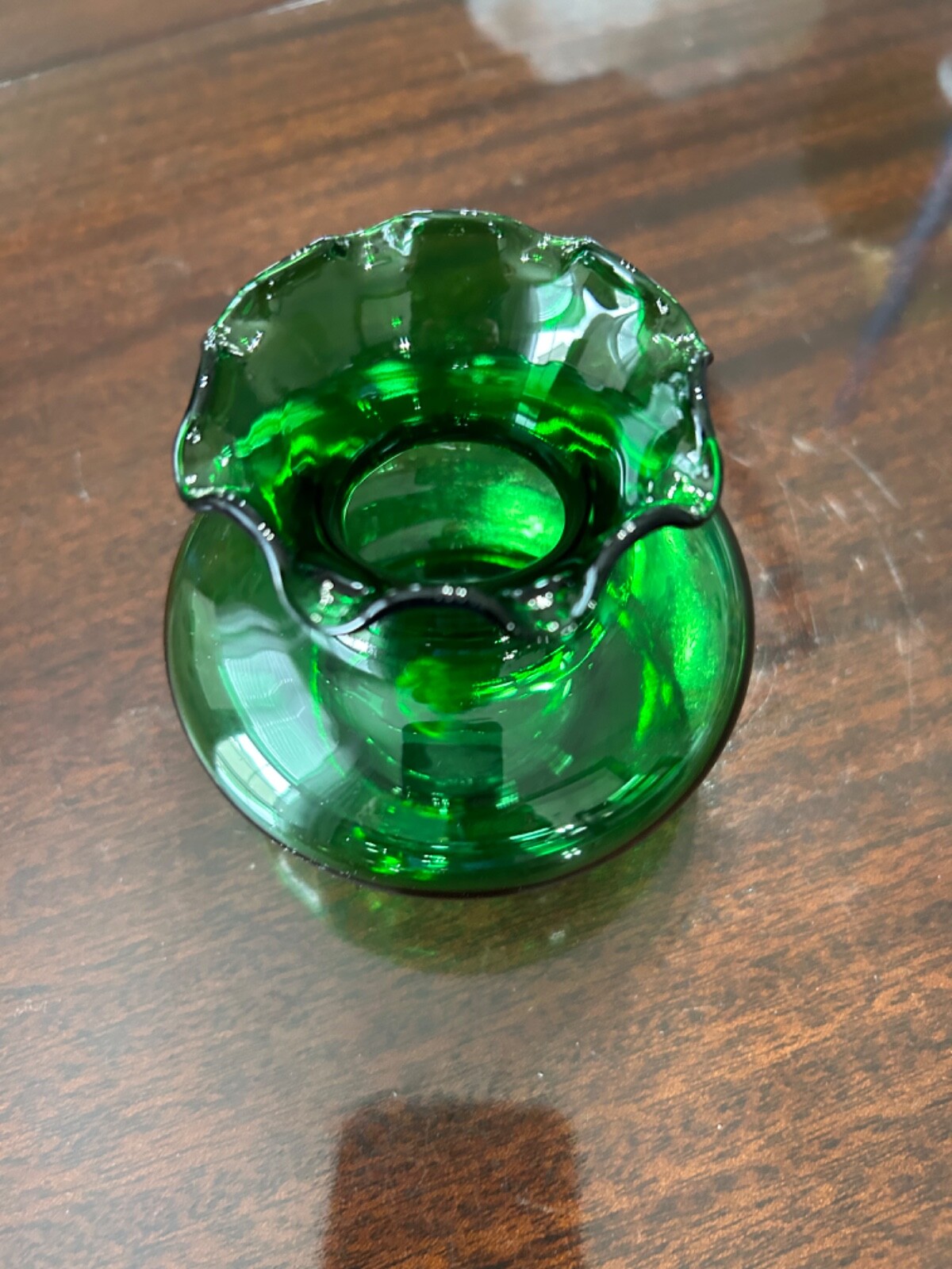Vintage Anchor Hocking Forest Green Glass Ruffle Rim Vase approx. 3 ½”x3 ½”