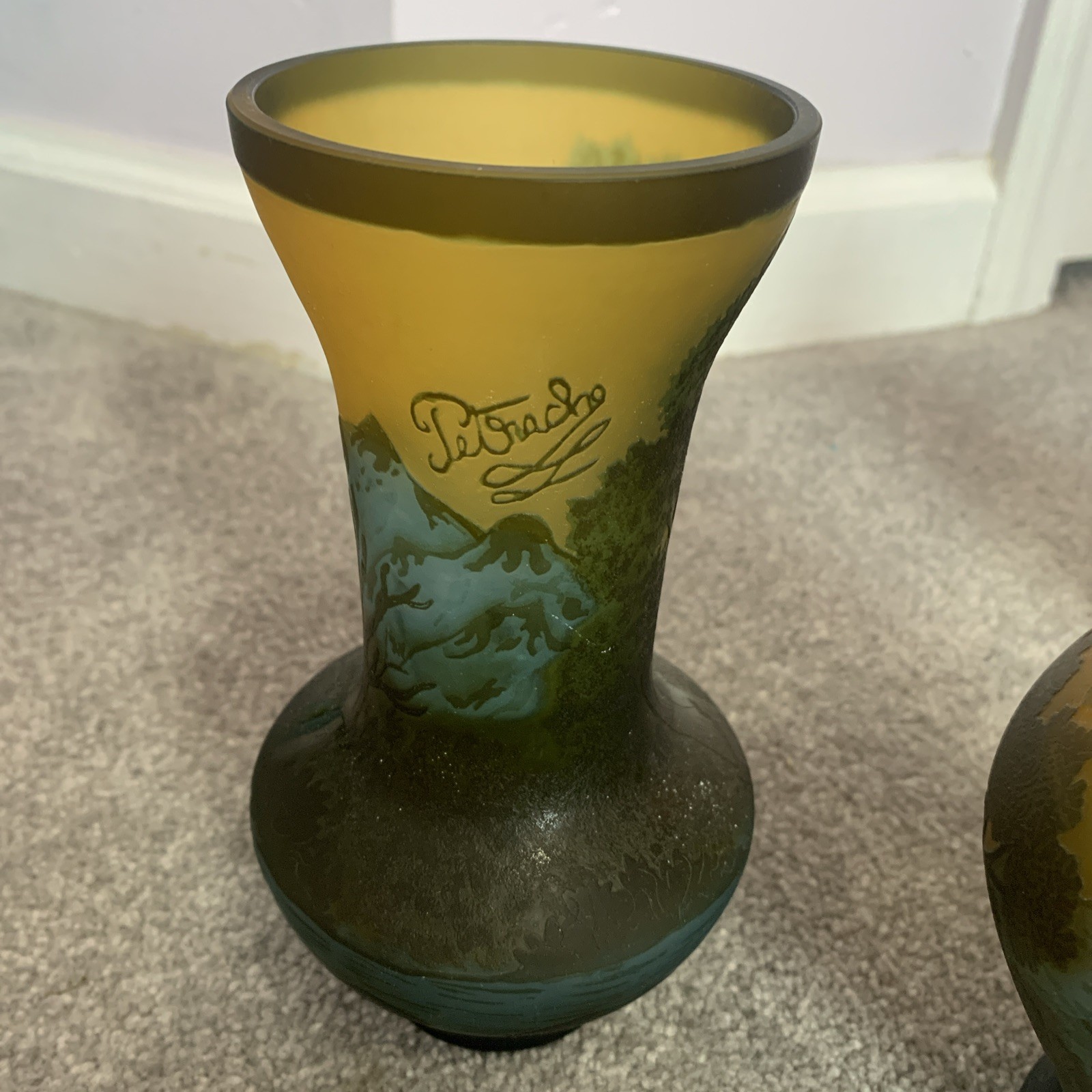 Vintage Petrache Handmade Cameo Art Glass Vase set 7″ Romania Art Nouveau Etched